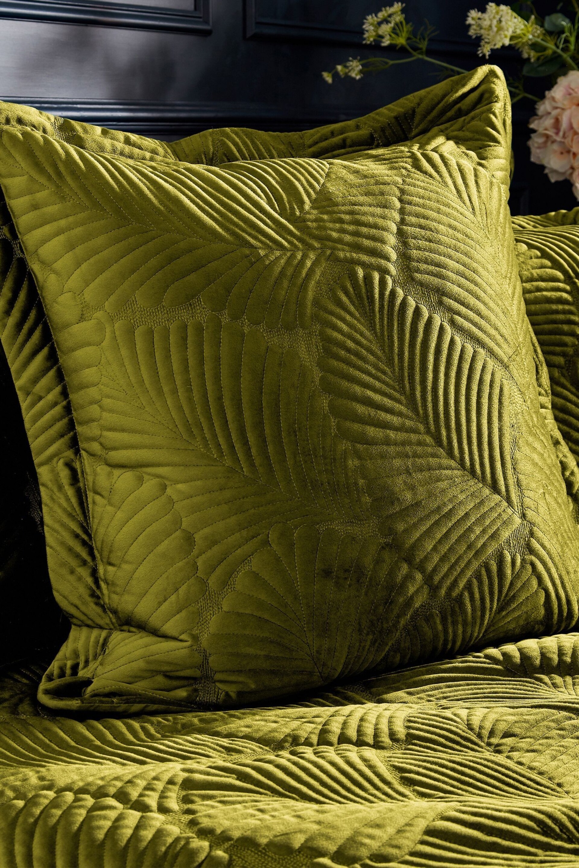 Paoletti Green Palmeria Quilted Velvet Feather Filled Cushion - Image 1 of 4