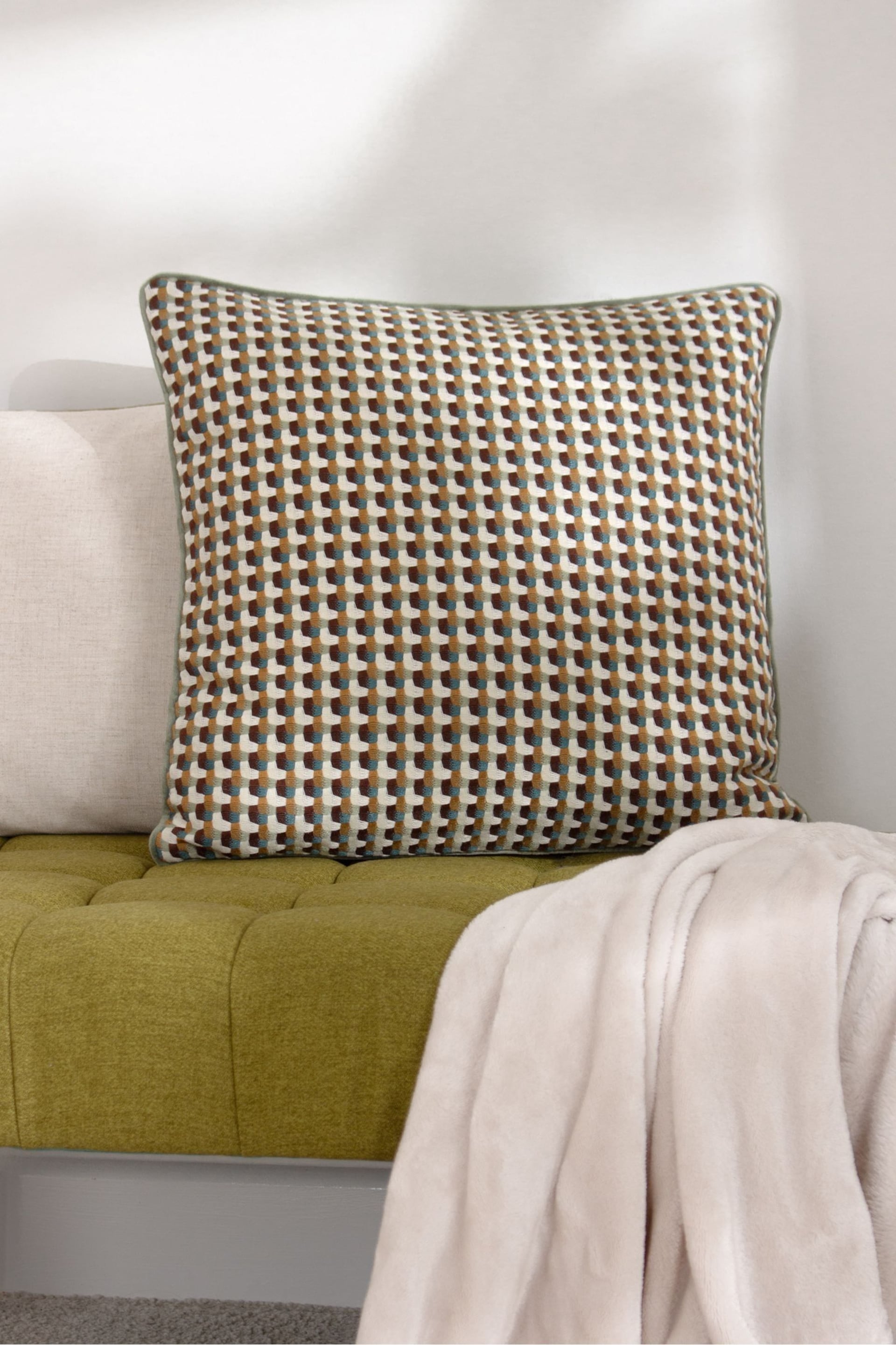 Furn Green Marttel Geometric Jacquard Feather Filled Cushion - Image 1 of 7