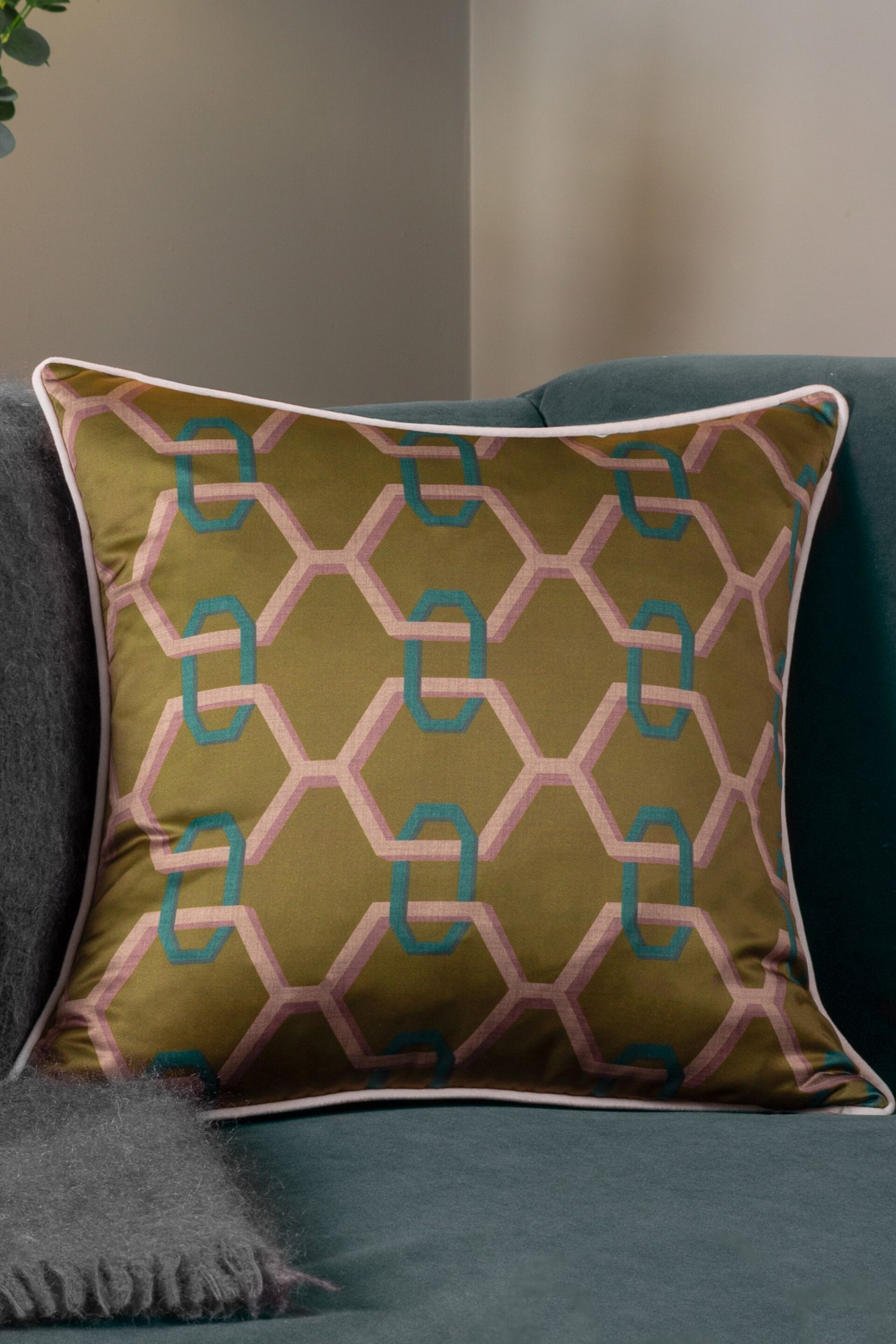 Paoletti Bronze Carnaby Chain Geometric Satin Polyester Filled Cushion - Image 1 of 5