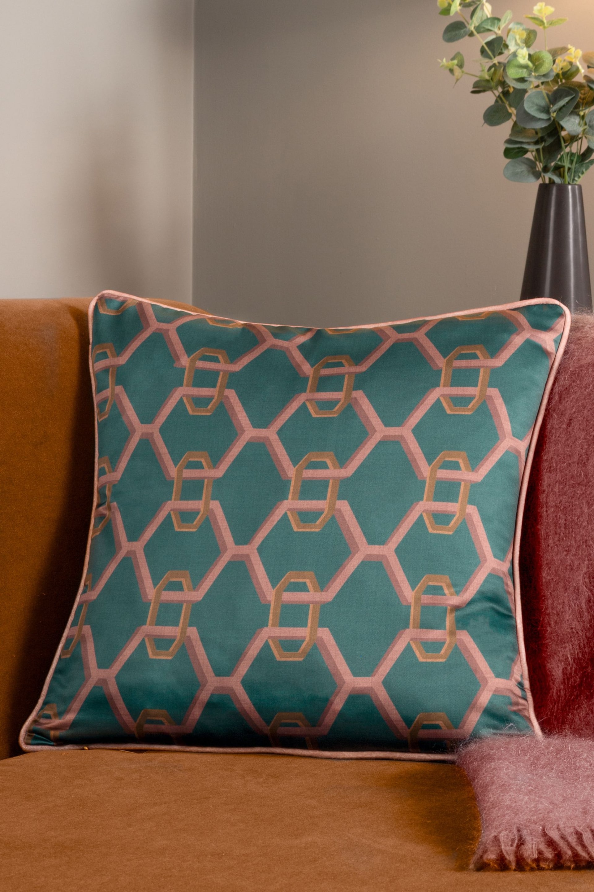 Paoletti Blue Carnaby Chain Geometric Satin Polyester Filled Cushion - Image 1 of 5