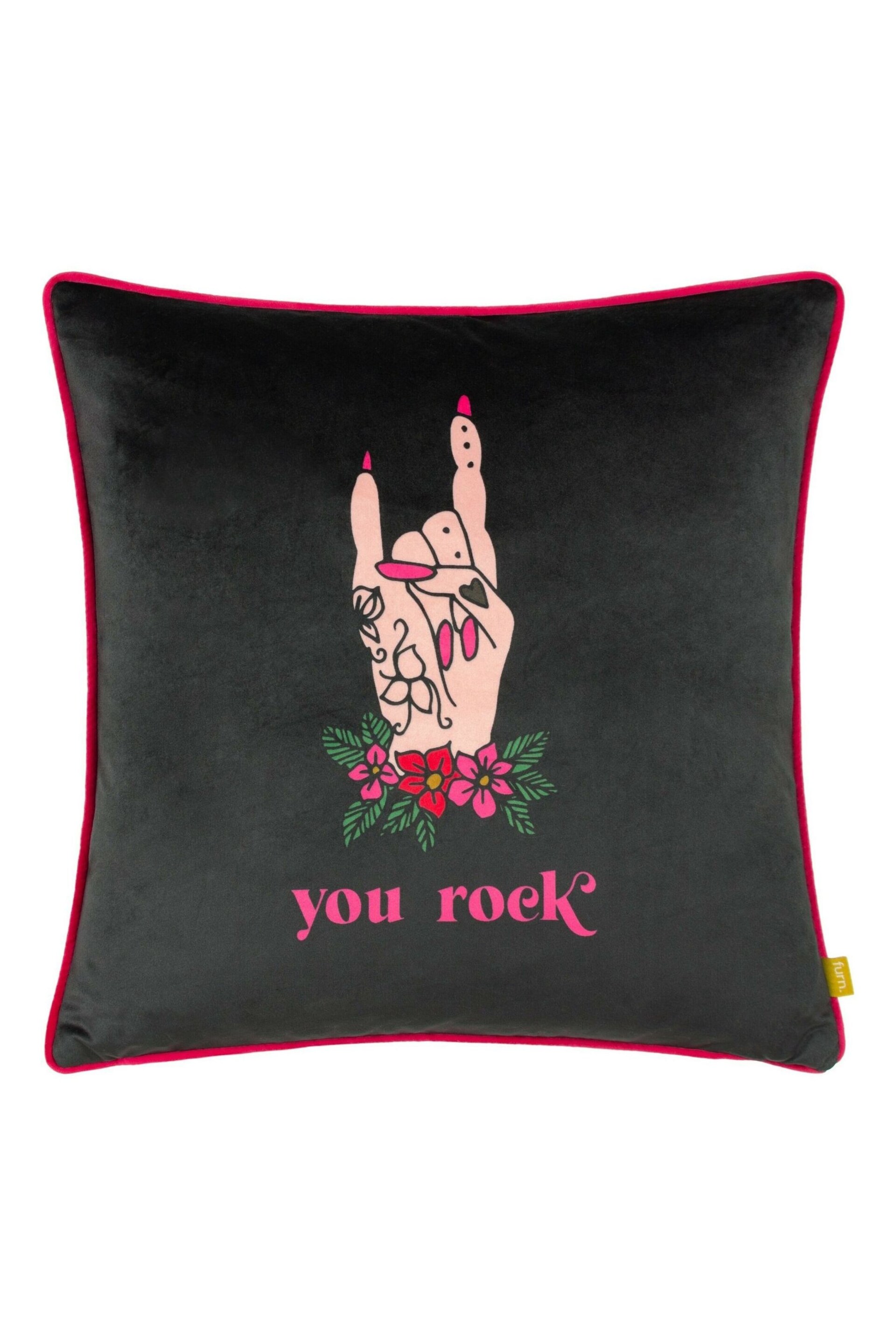 Furn Black Inked You Rock Piped Velvet Feather Filled Cushion - Image 3 of 5