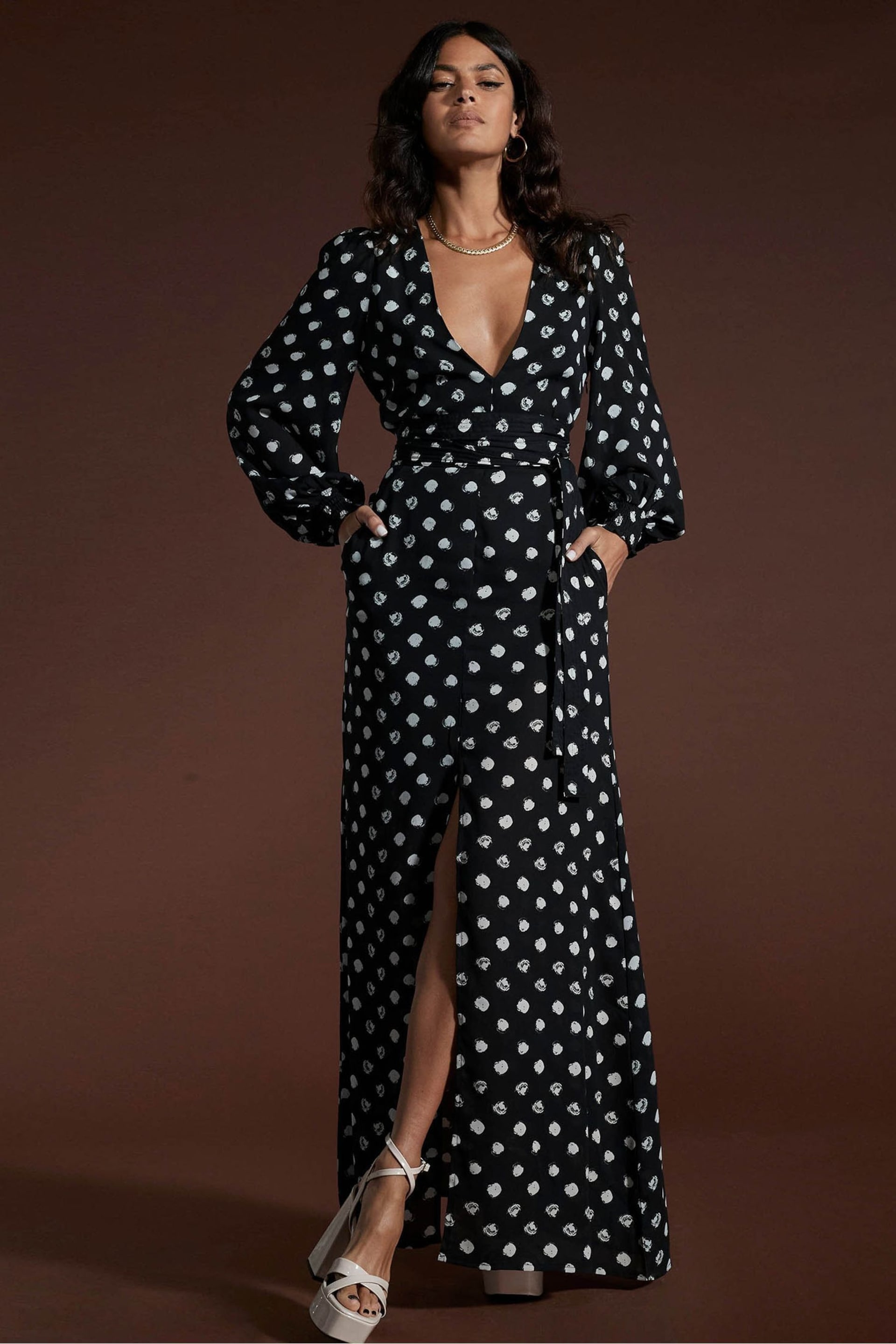 Dancing Leopard Mariela Tie Waist Black Dot Maxi Dress - Image 1 of 4