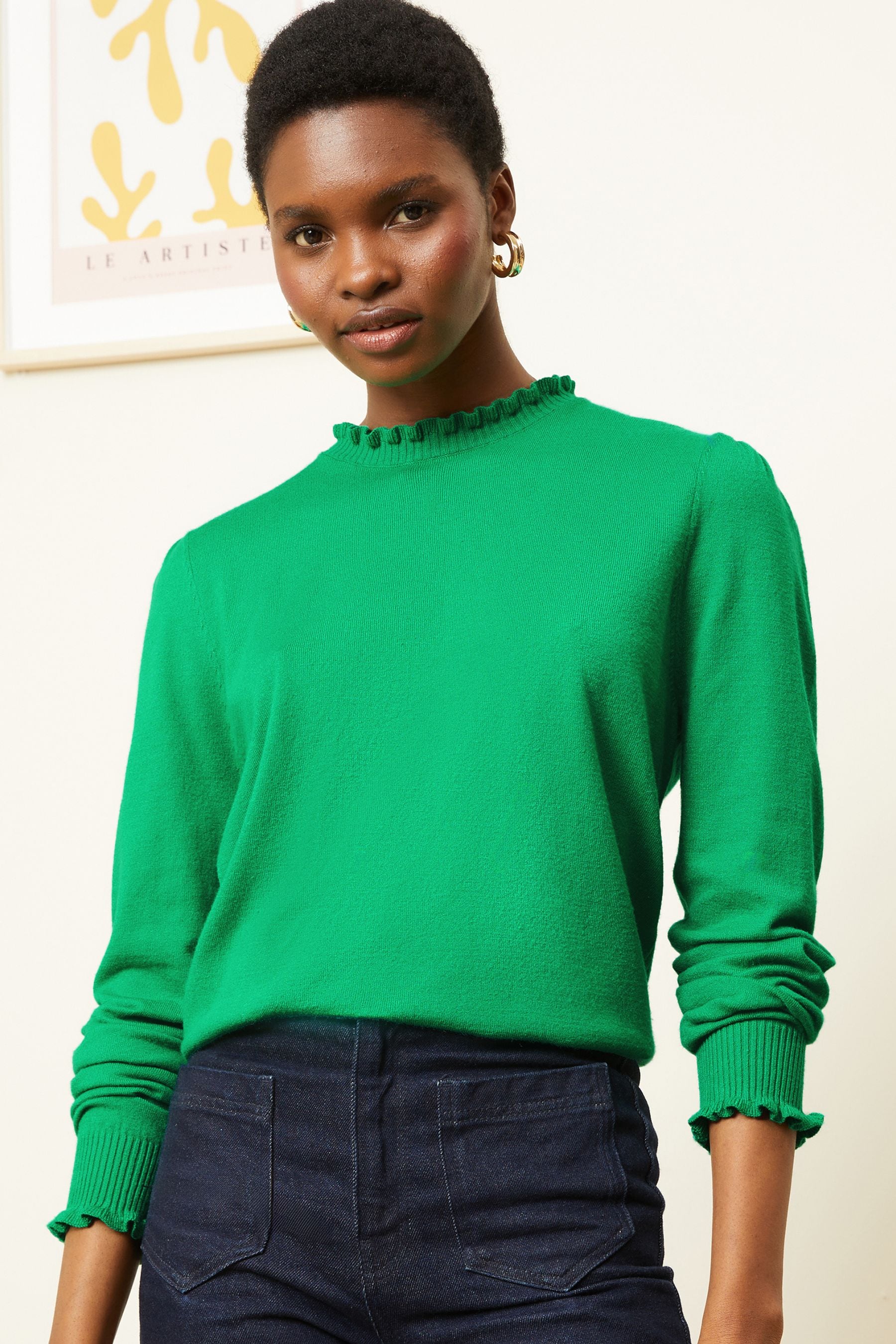 Buy Love Roses Green Ruffle Lettuce Neck Fine Gauge Jumper from Next Luxembourg