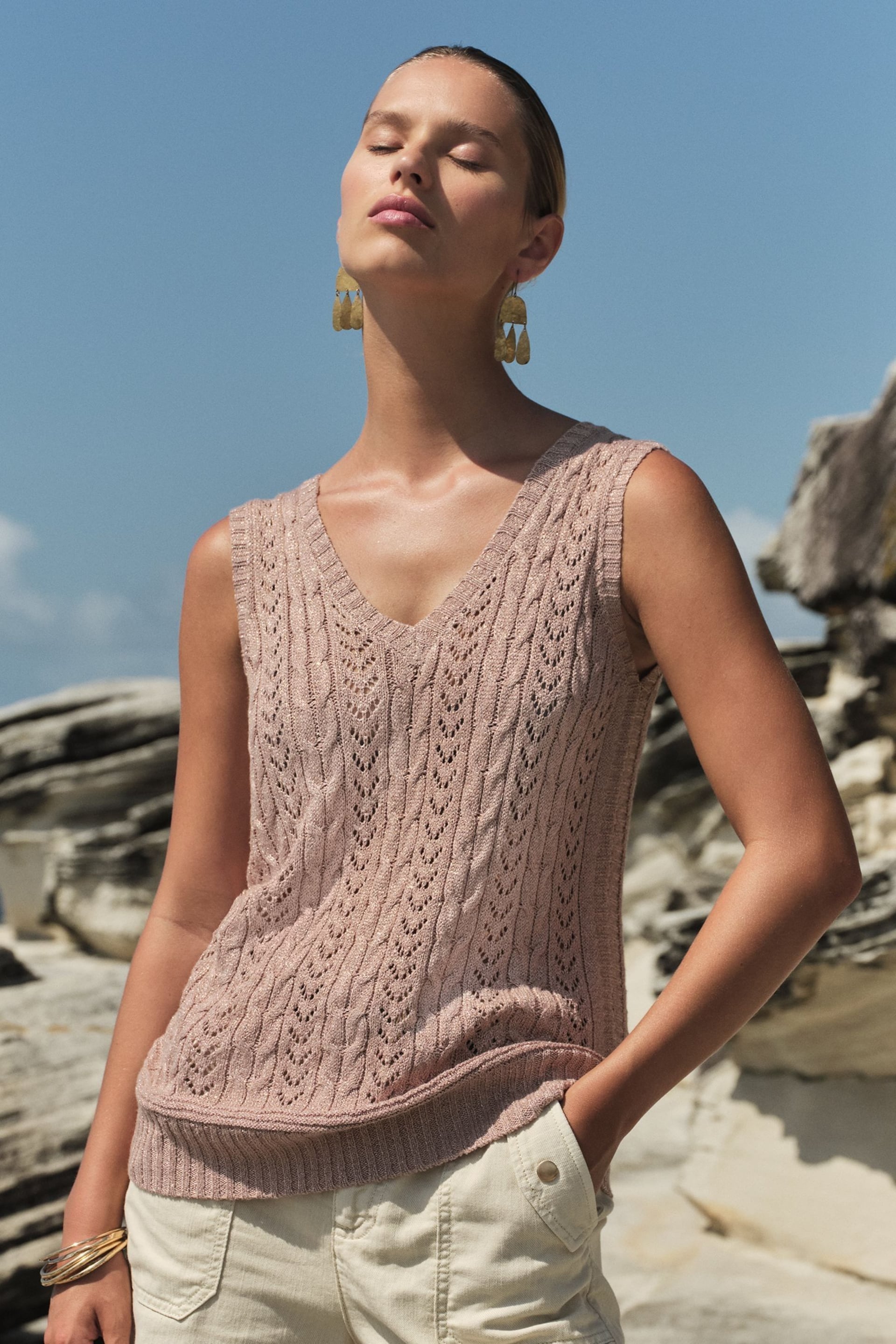 Love & Roses Rose Gold Metallic Cable Knitted Vest - Image 1 of 4
