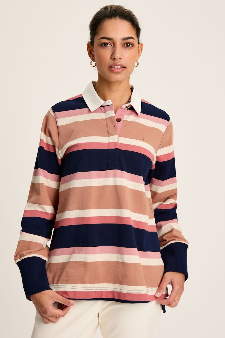 Joules Sammie Tan Multi Stripe Striped Heavyweight Cotton Rugby Shirt - Image 1 of 8