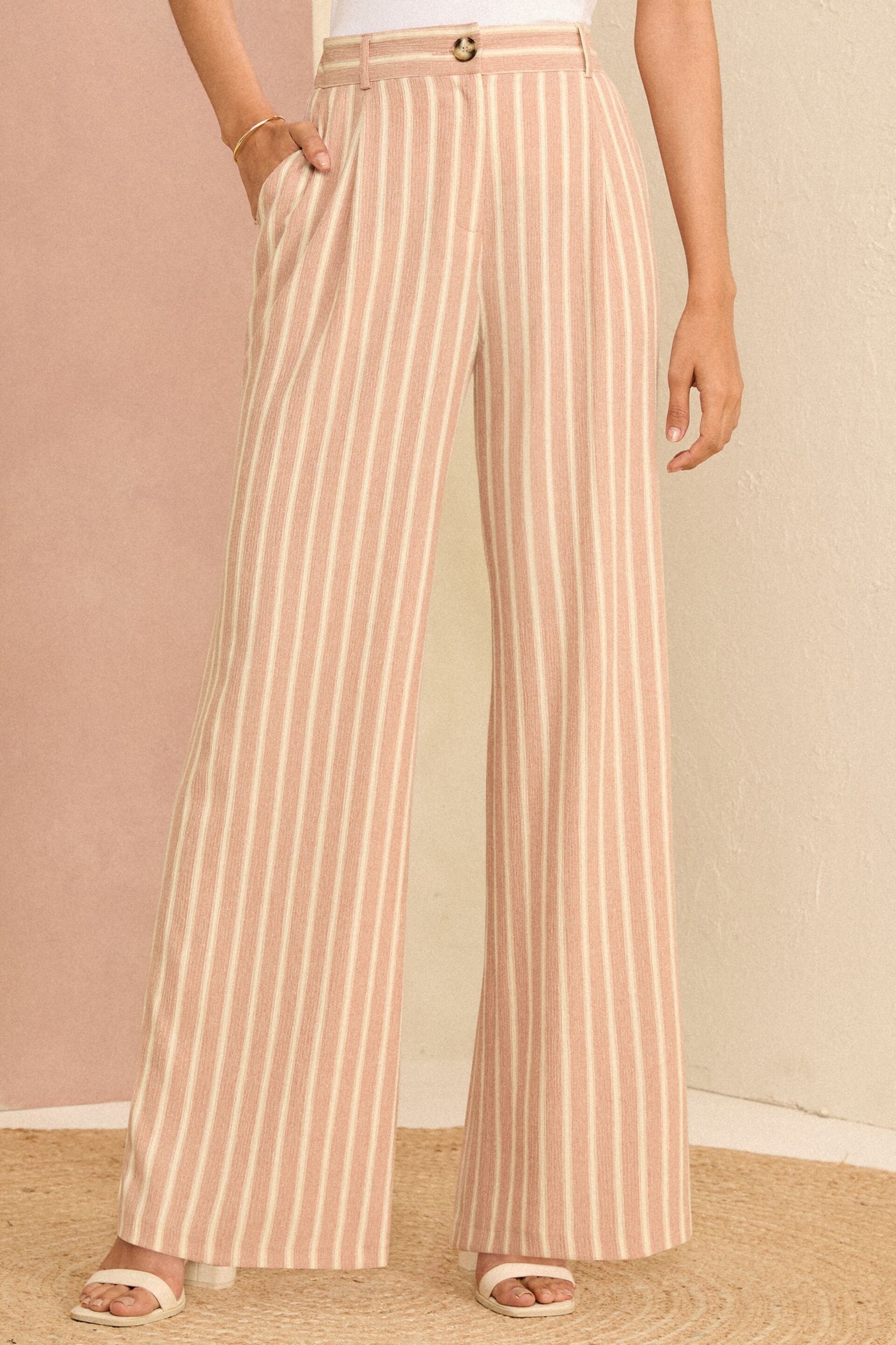 Love & Roses Pink Stripe Wide Leg Tailored Wide Leg Trousers With Linen - Image 1 of 4