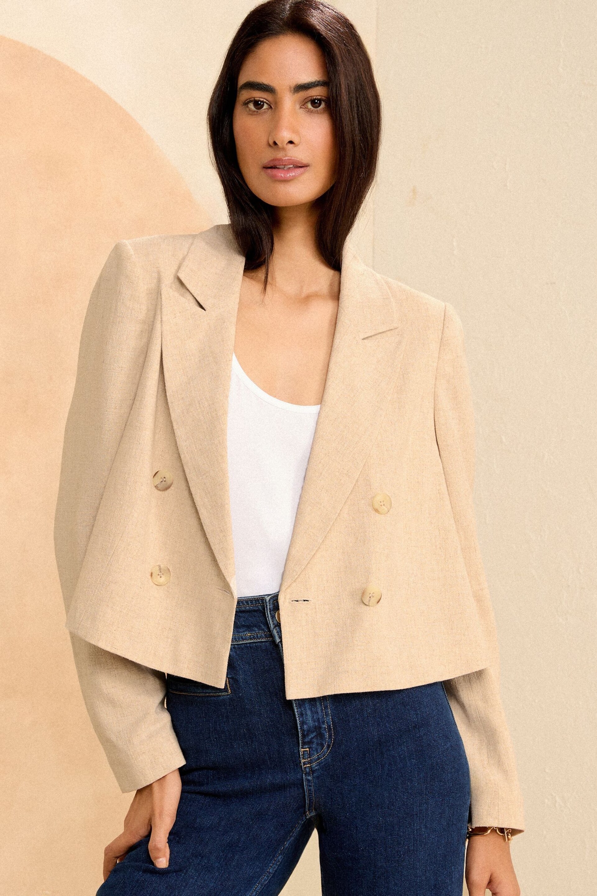 Love & Roses Beige Cropped Double Breasted Blazer With Linen - Image 1 of 4