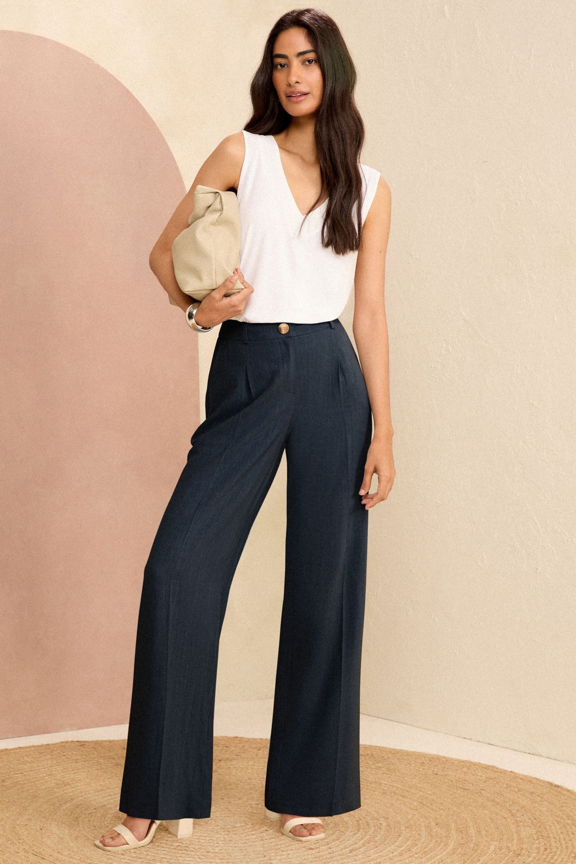 Love & Roses Navy Blue Petite Tailored Wide Leg Trousers With Linen - Image 4 of 4