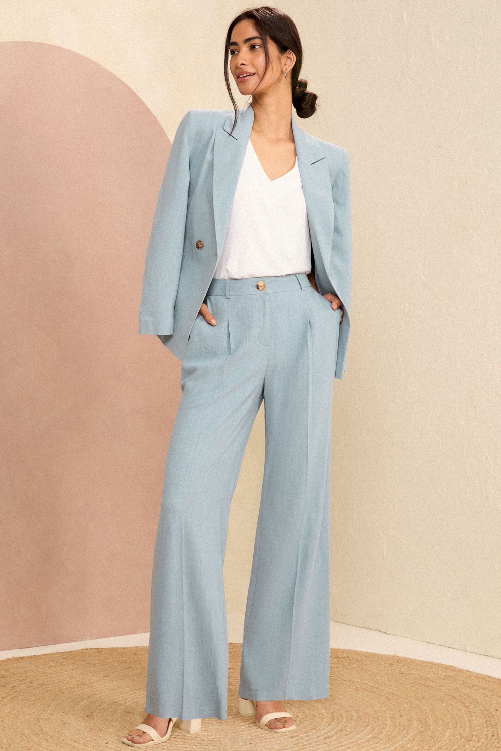 Love & Roses Blue Petite Tailored Wide Leg Trousers With Linen - Image 4 of 4