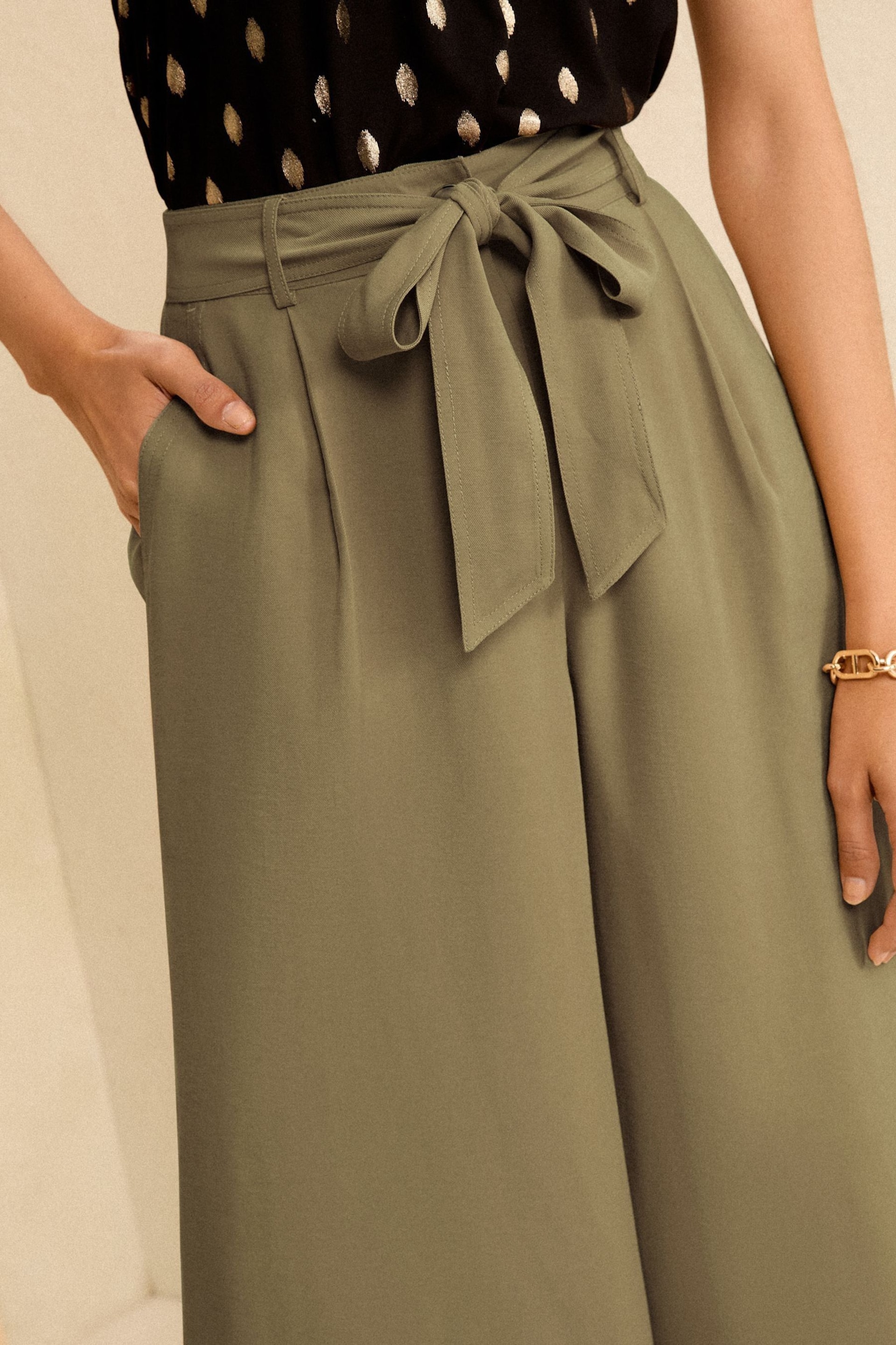 Love & Roses Khaki Green Petite Tie Front Wide Leg Trousers - Image 2 of 4