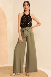 Love & Roses Khaki Green Petite Tie Front Wide Leg Trousers - Image 3 of 4