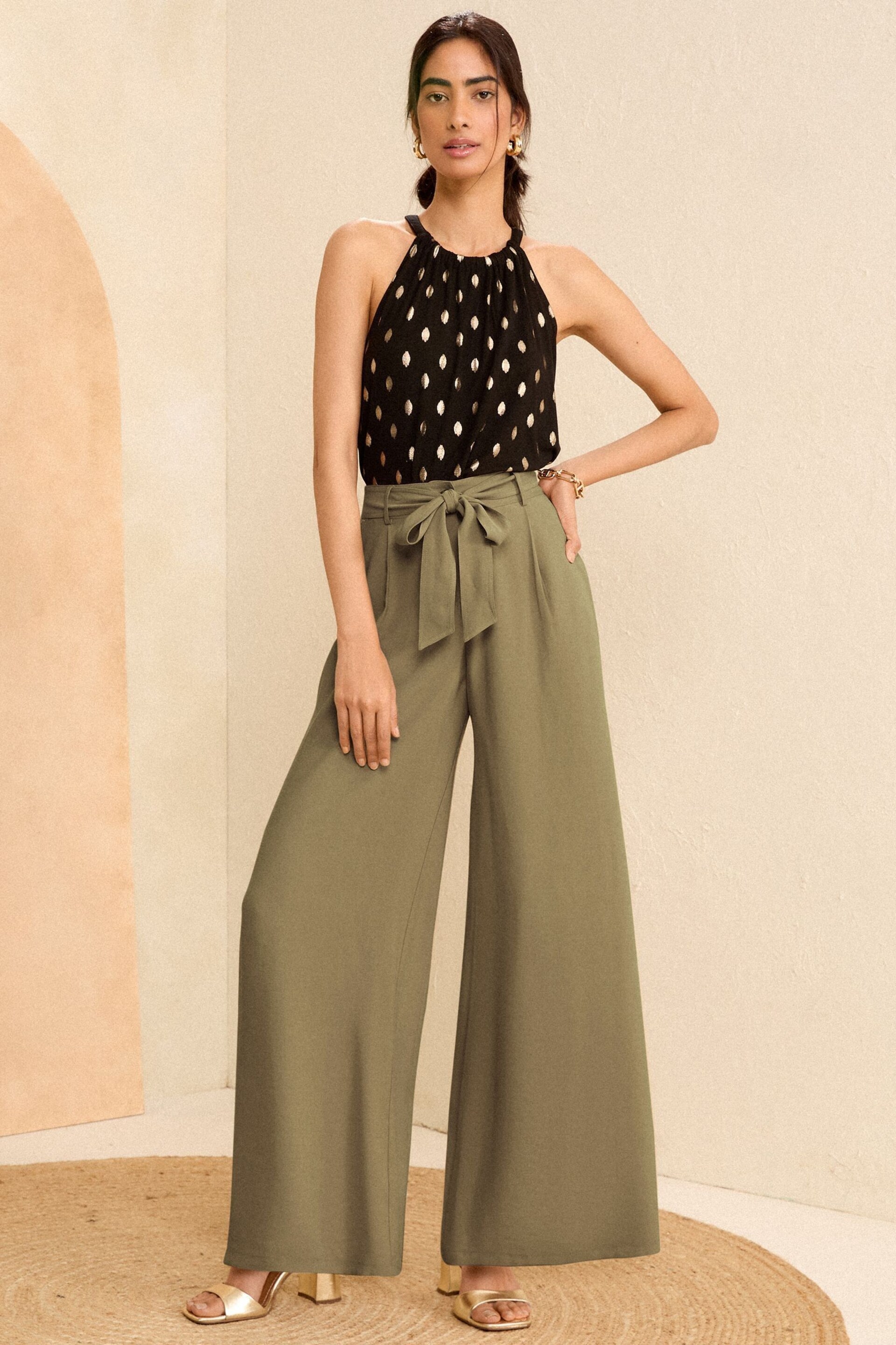 Love & Roses Khaki Green Petite Tie Front Wide Leg Trousers - Image 3 of 4
