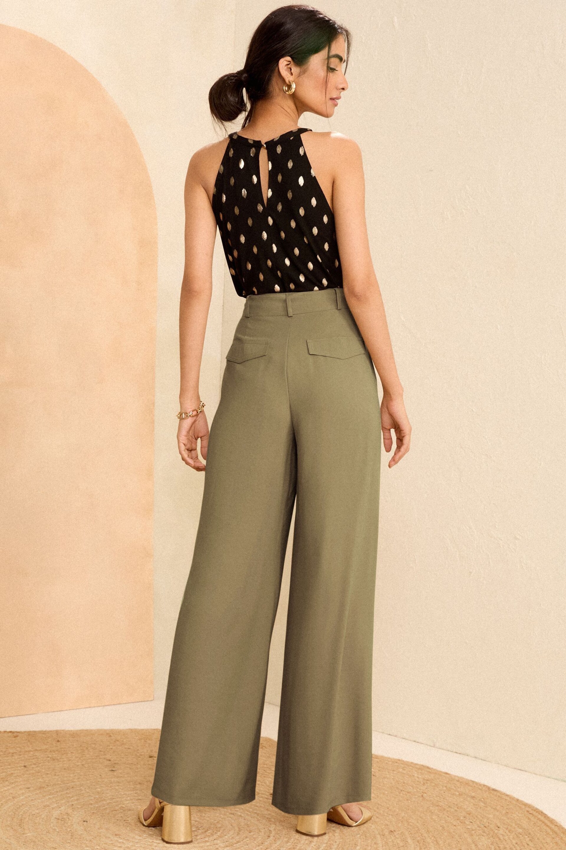Love & Roses Khaki Green Petite Tie Front Wide Leg Trousers - Image 4 of 4