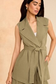 Love & Roses Khaki Green Linen Look Tailored Belted Waistcoat - Image 1 of 4