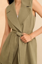 Love & Roses Khaki Green Linen Look Tailored Belted Waistcoat - Image 2 of 4