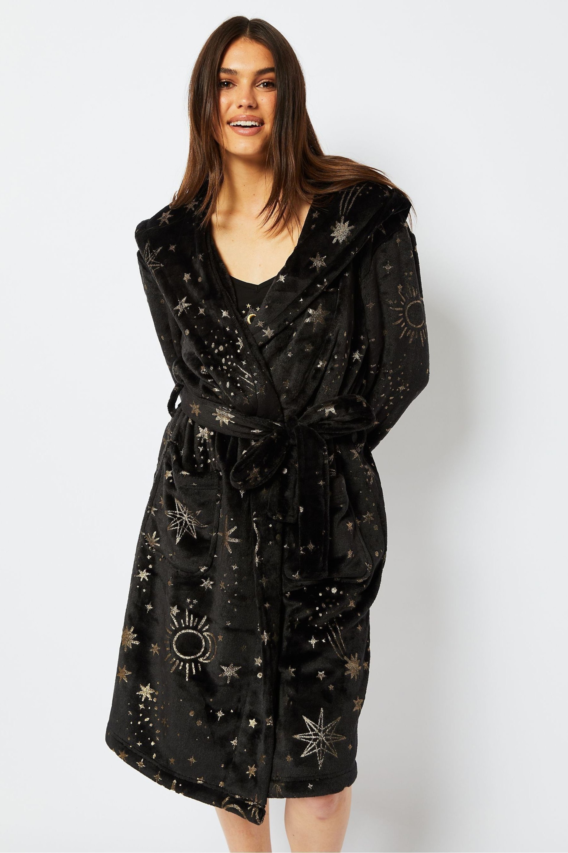 Skinnydip Celestial Starry Night Fleece Dressing Black Gown - Image 1 of 5