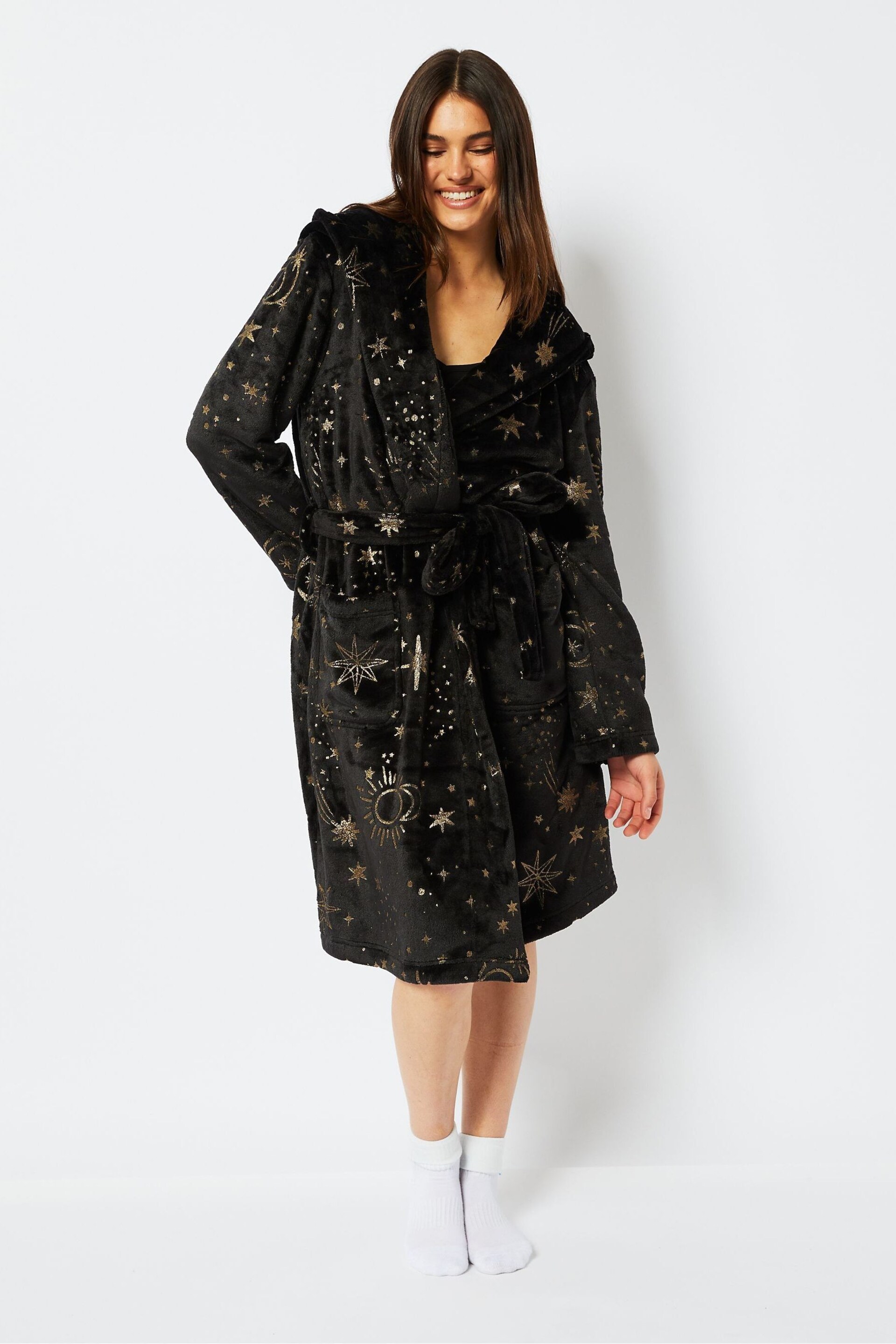 Skinnydip Celestial Starry Night Fleece Dressing Black Gown - Image 3 of 5