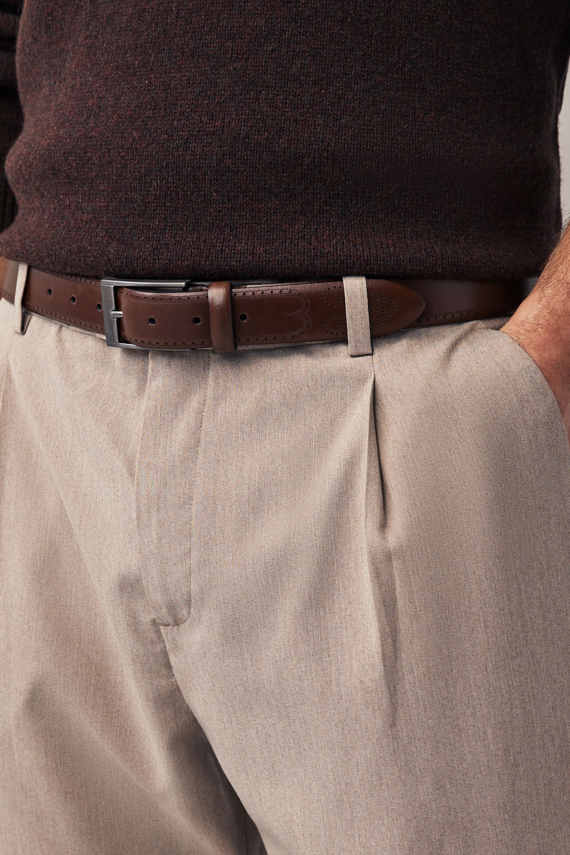 Brown Signature Leather Brogue Belt - Image 1 of 3