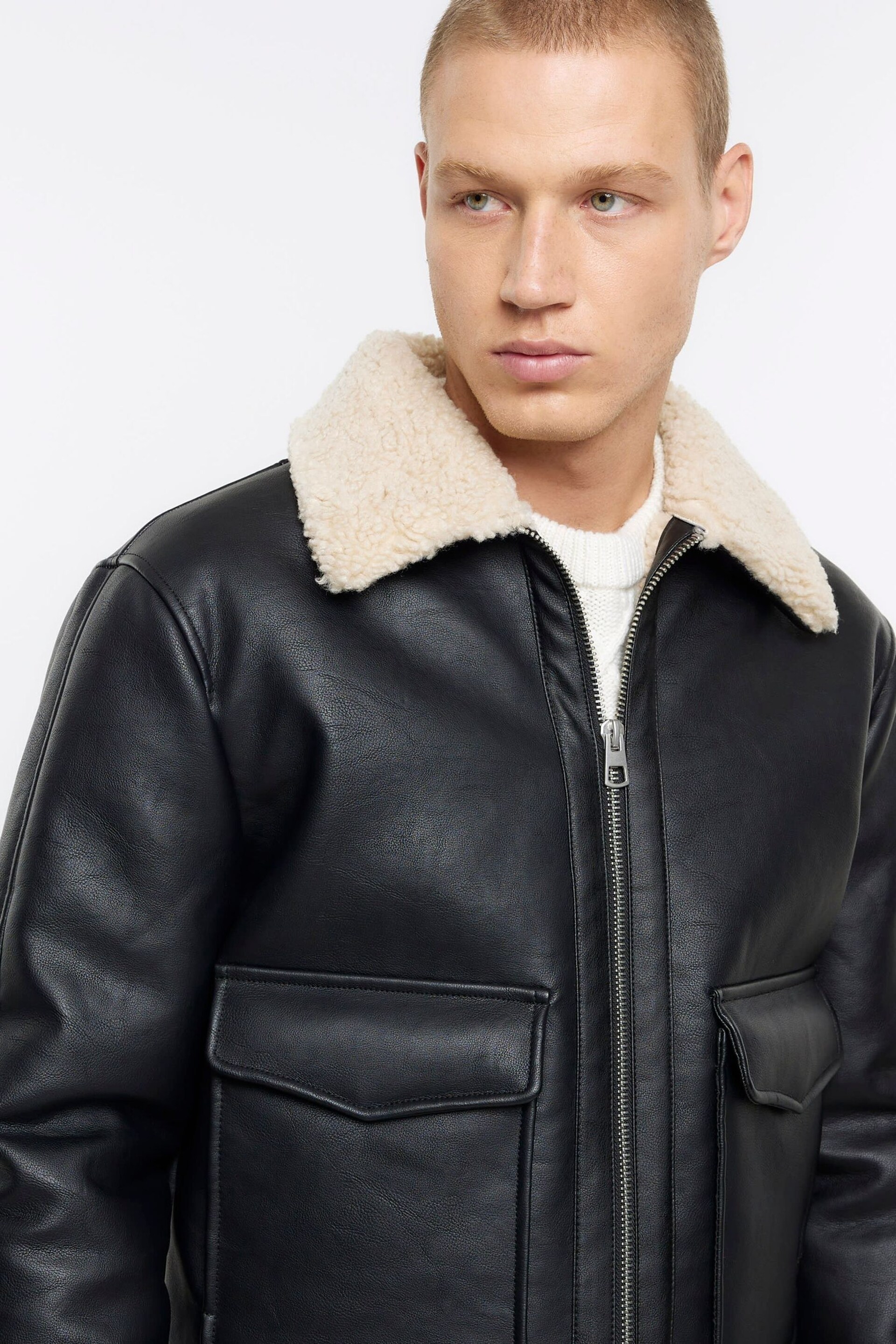 River Island Black PU Aviator Jacket - Image 4 of 6