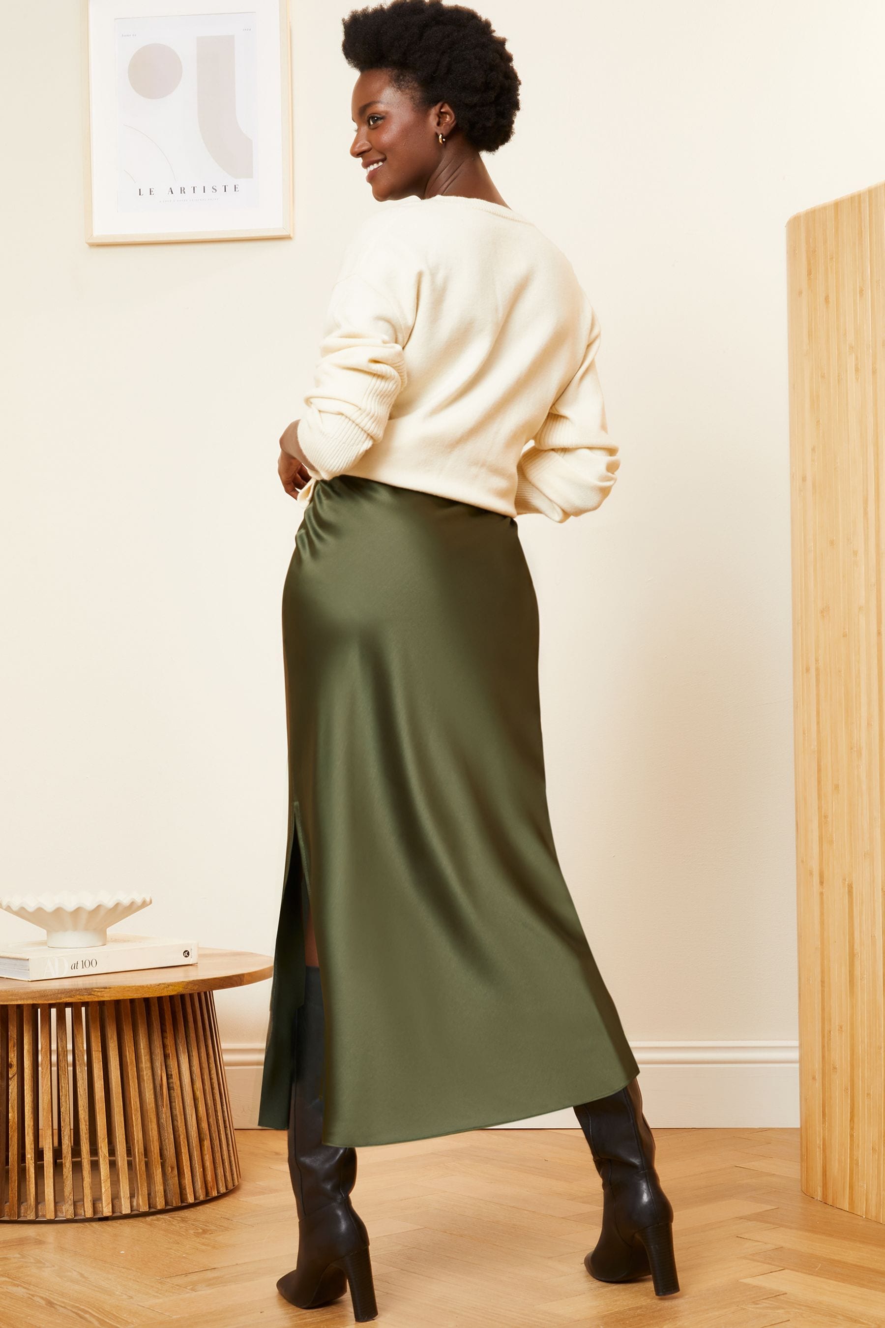 Bias cut satin skirt green hot sale