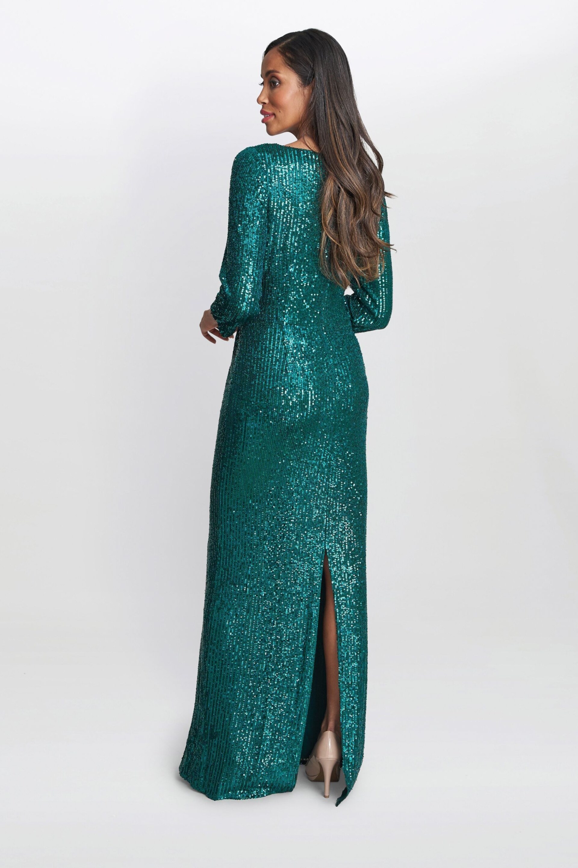 Gina Bacconi Blue Jacynda Sequin 3/4 Sleeve Wrap Dress With Twist - Image 2 of 5