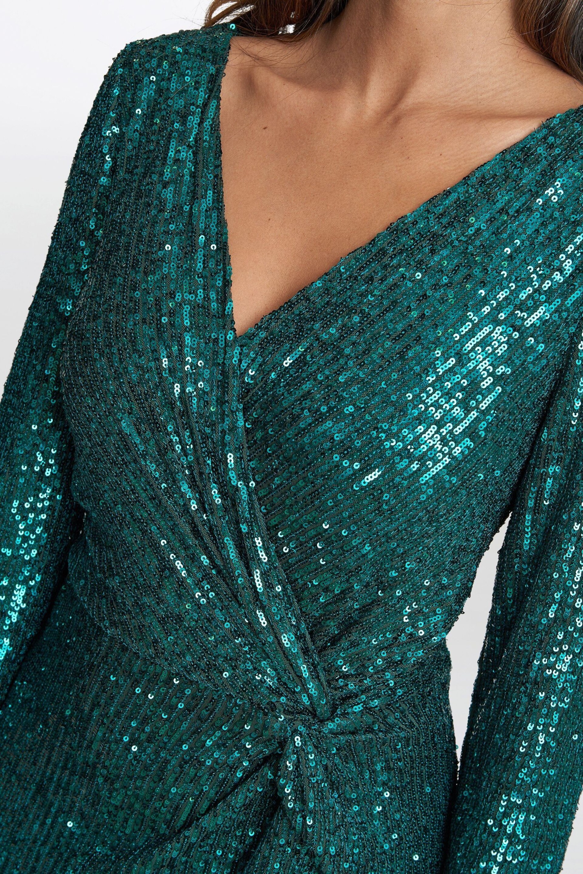 Gina Bacconi Blue Jacynda Sequin 3/4 Sleeve Wrap Dress With Twist - Image 4 of 5