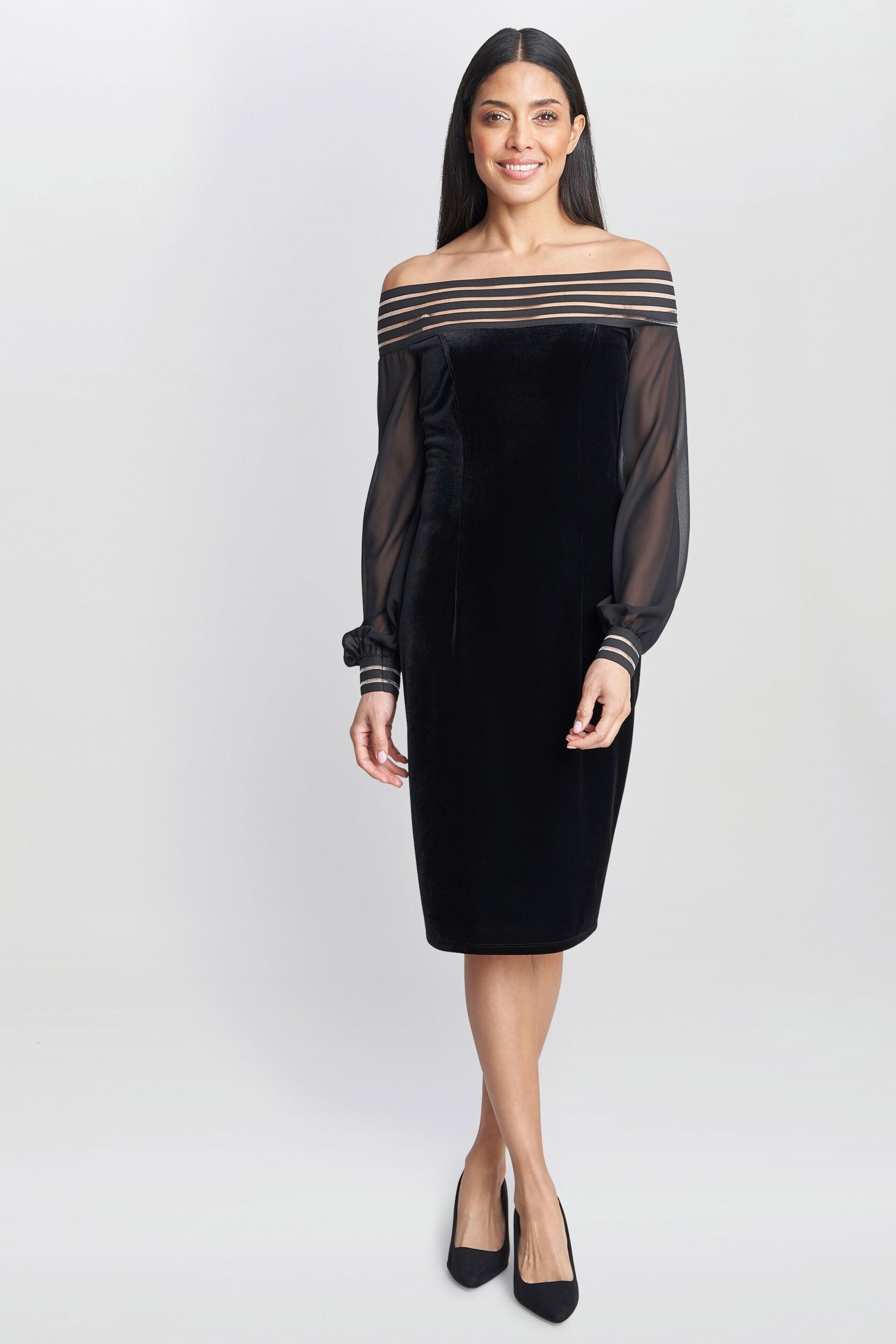 Gina Bacconi Taylor Velvet Off The Shoulder Black Dress - Image 3 of 5