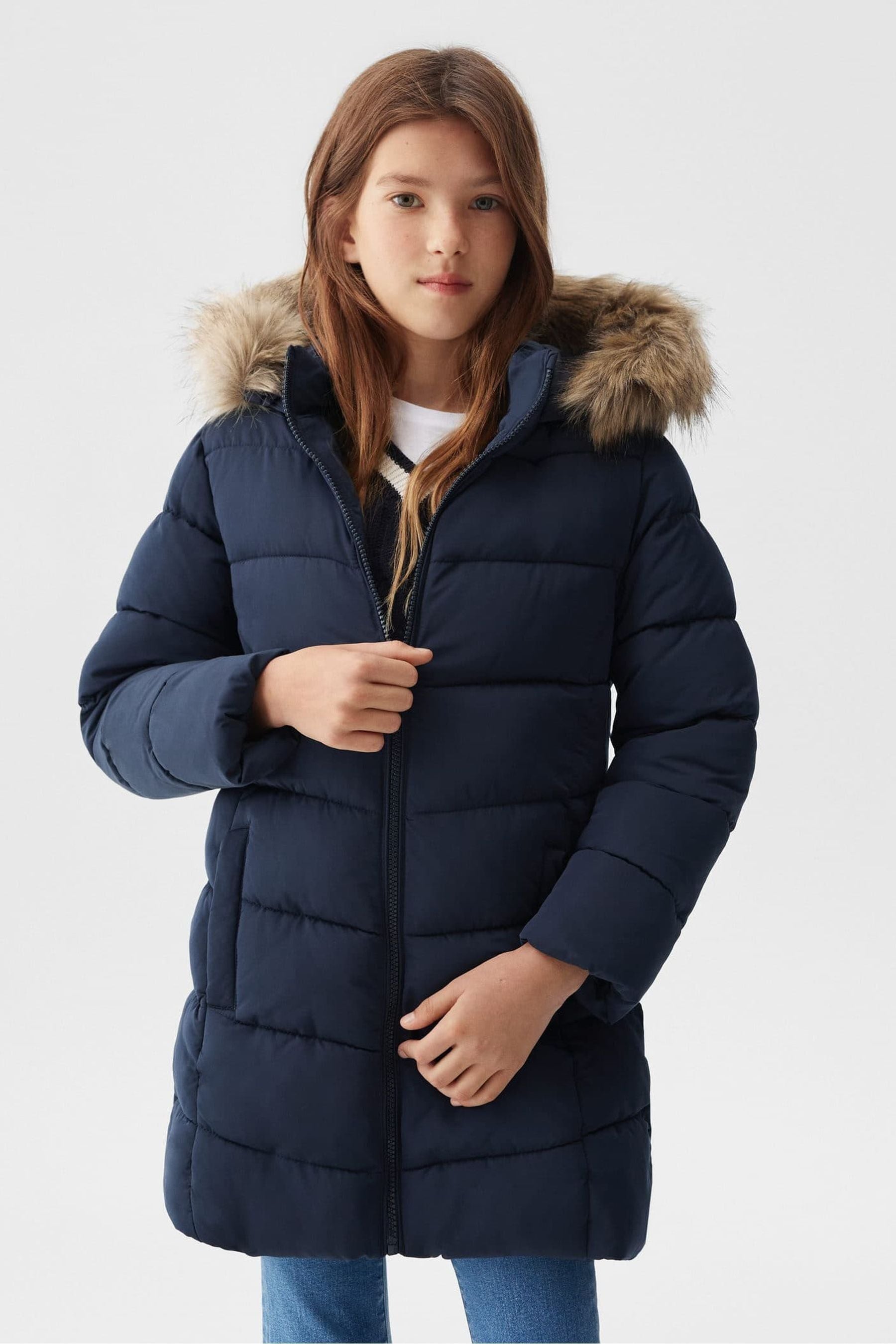 Buy Mango Blue Puffer Coat With Faux Fur Hood from the Next UK online shop