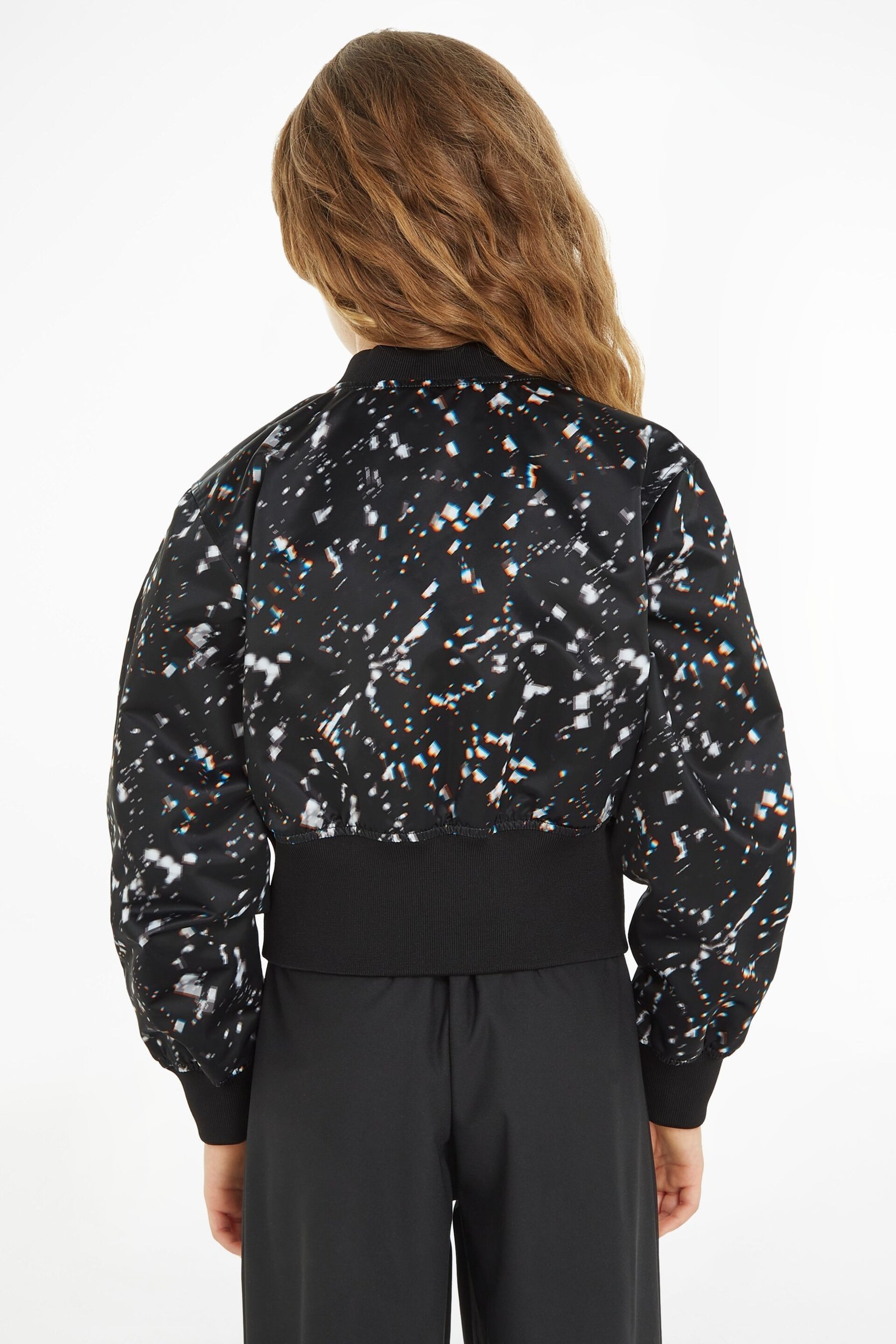 Calvin Klein Jeans Black Crystal Print Satin Bomber Jacket - Image 2 of 6