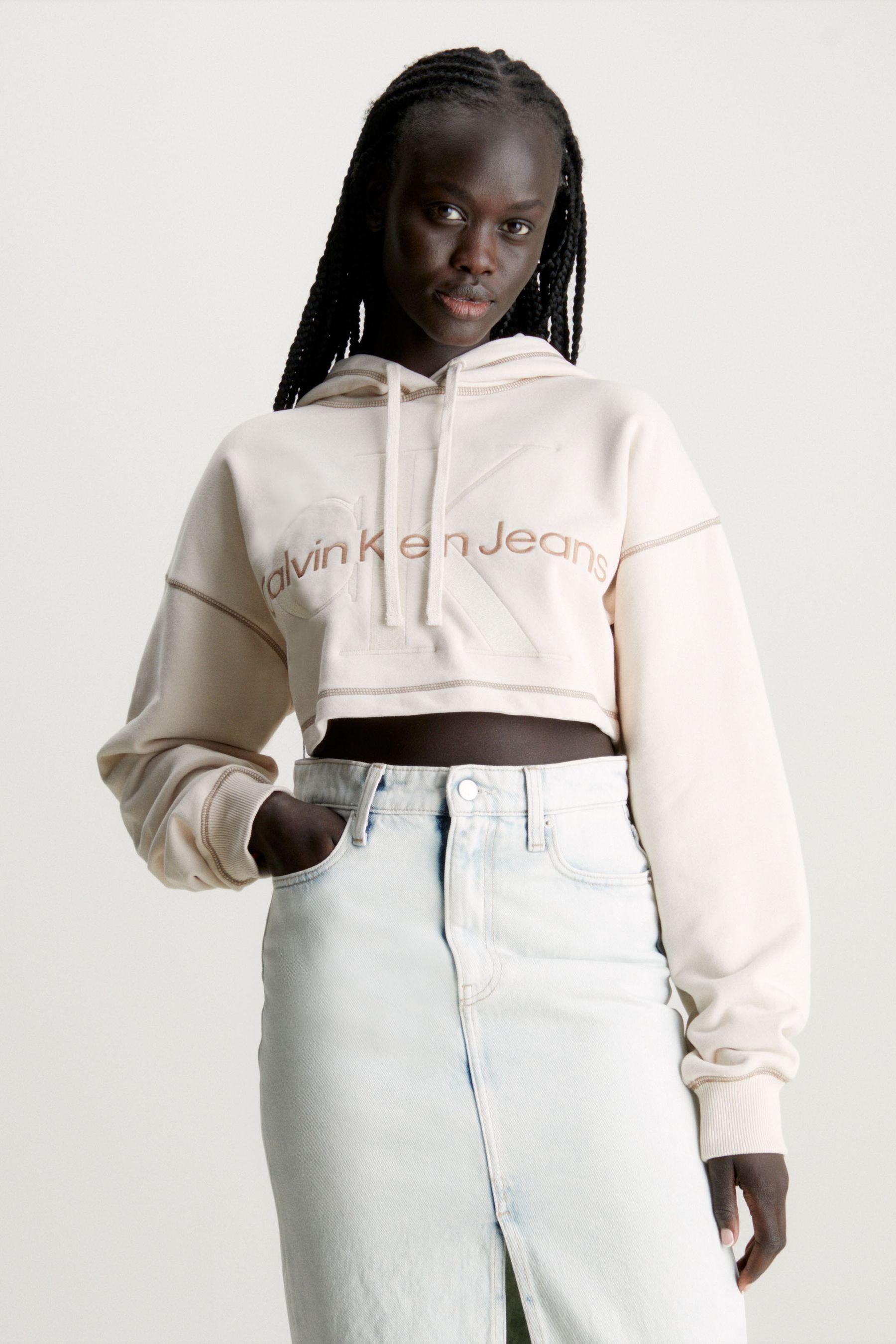Buy Calvin Klein Jeans Cream Monologo Cropped Hoodie from Next Luxembourg