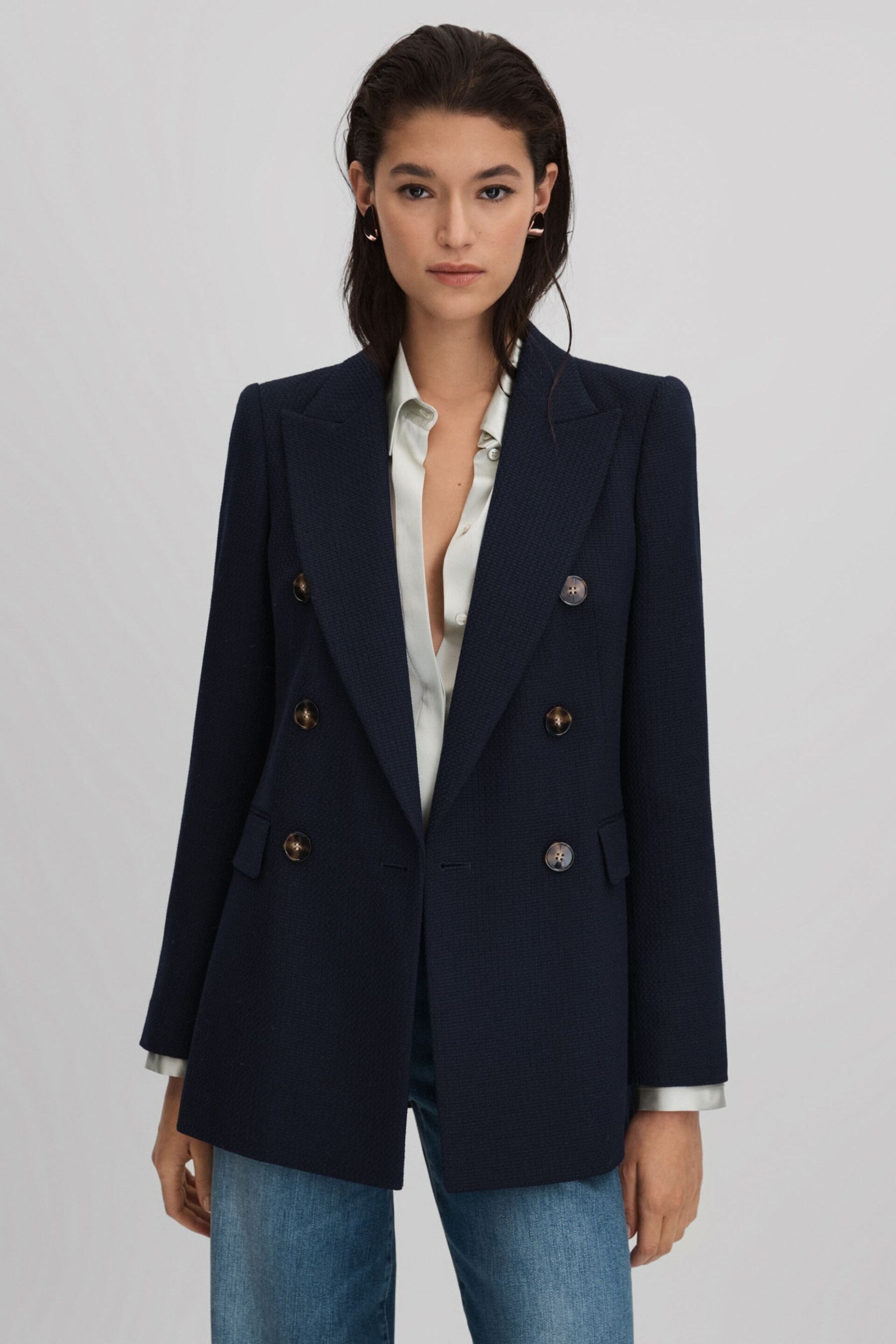 Reiss Navy Lana Tailored Textured Wool Blend Double Breasted Blazer - Image 1 of 7