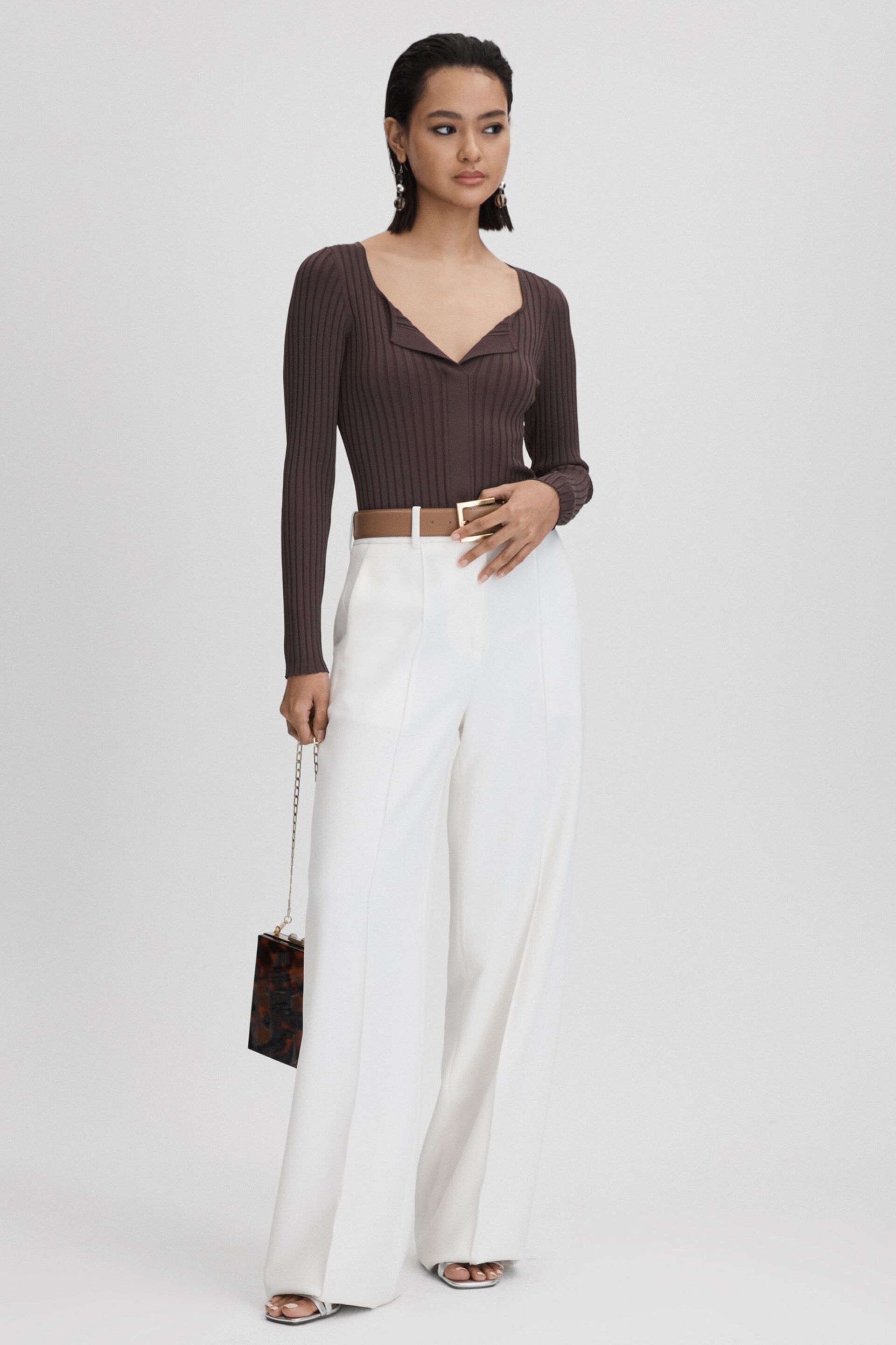 Reiss Burgundy Monica Ribbed Open Collar Top - Image 3 of 6