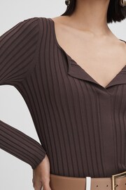 Reiss Burgundy Monica Ribbed Open Collar Top - Image 4 of 6