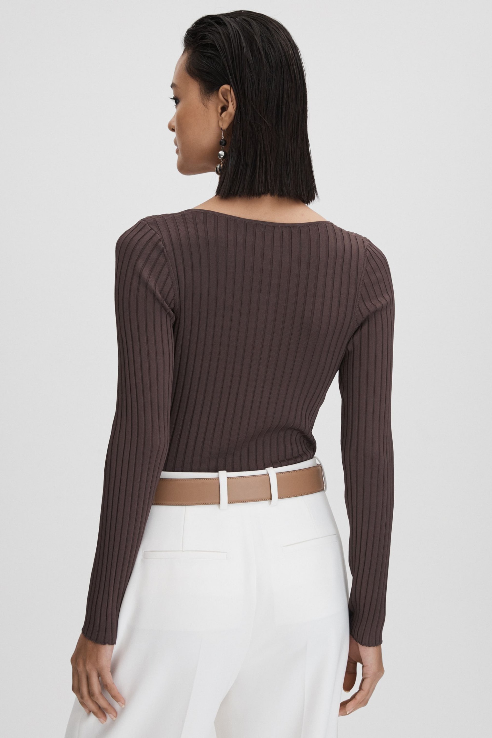 Reiss Burgundy Monica Ribbed Open Collar Top - Image 5 of 6