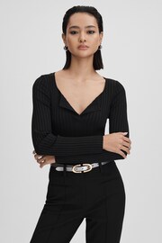 Reiss Black Monica Ribbed Open Collar Top - Image 1 of 7