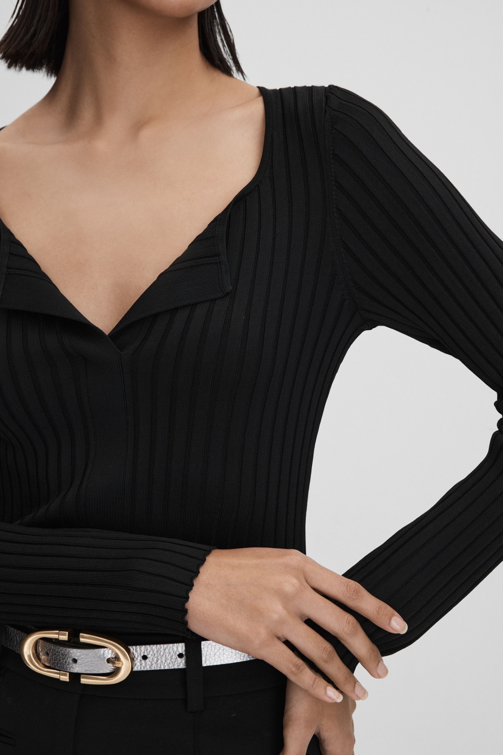 Reiss Black Monica Ribbed Open Collar Top - Image 4 of 7