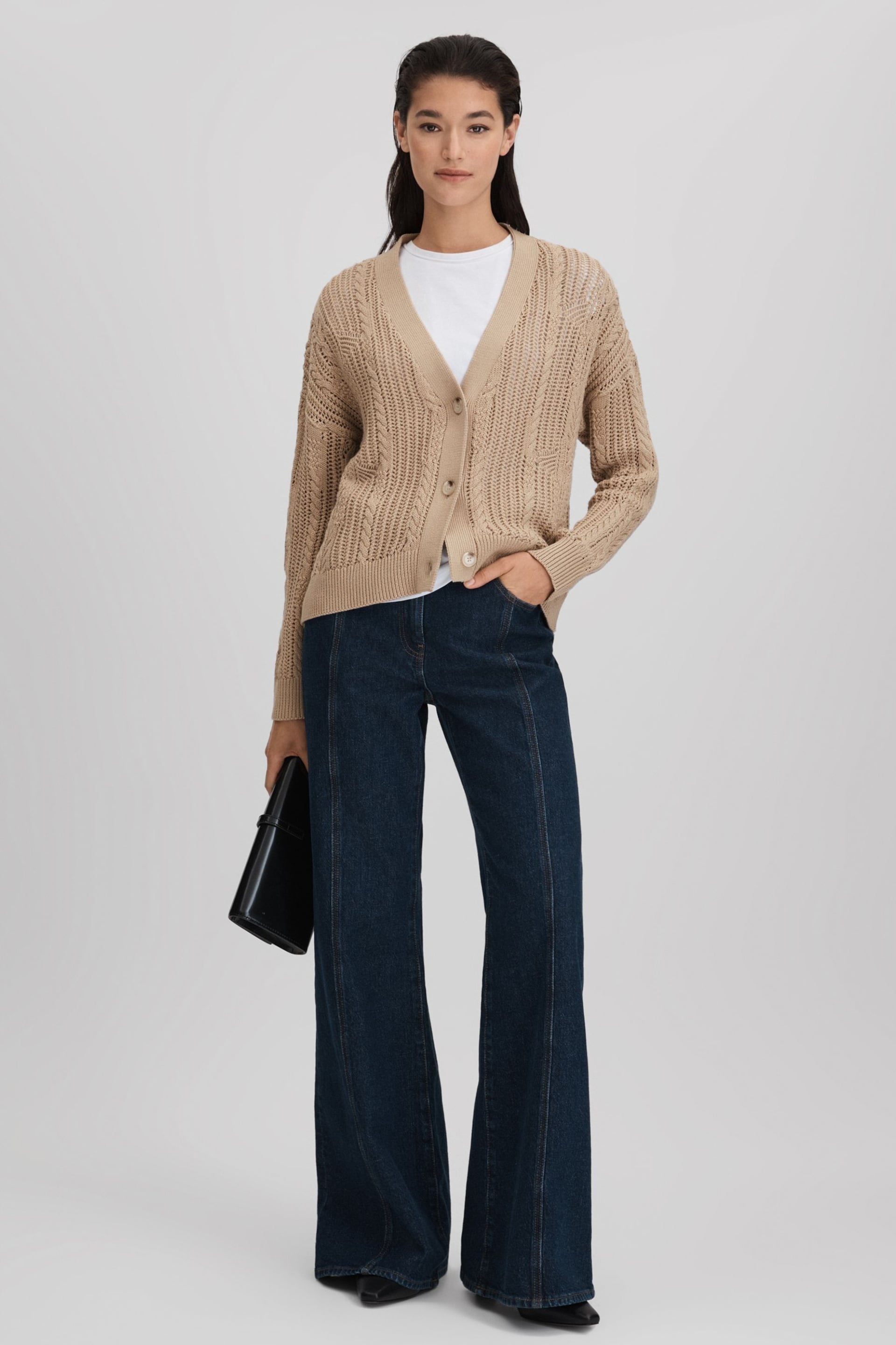 Reiss Neutral Tiffany Cotton Blend Open Stitch Cardigan - Image 1 of 6
