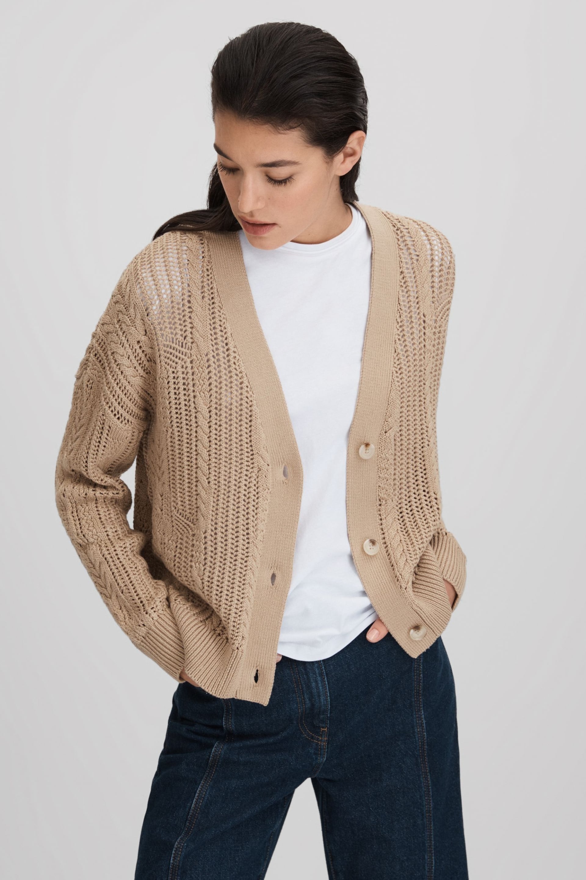 Reiss Neutral Tiffany Cotton Blend Open Stitch Cardigan - Image 3 of 6