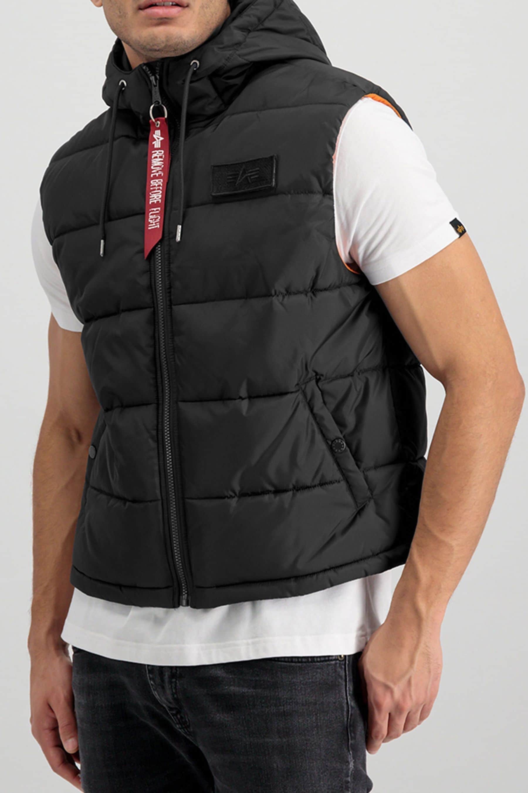 Mens black puffer vest with hood hotsell