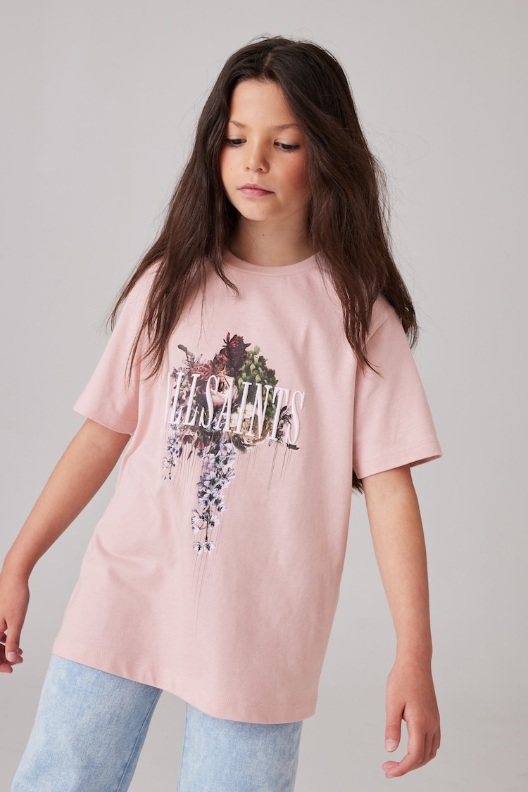 smALLSAINTS Light Pink/Silva Girls Graphic Oversized Crew 100% Cotton T-Shirt - Image 2 of 3