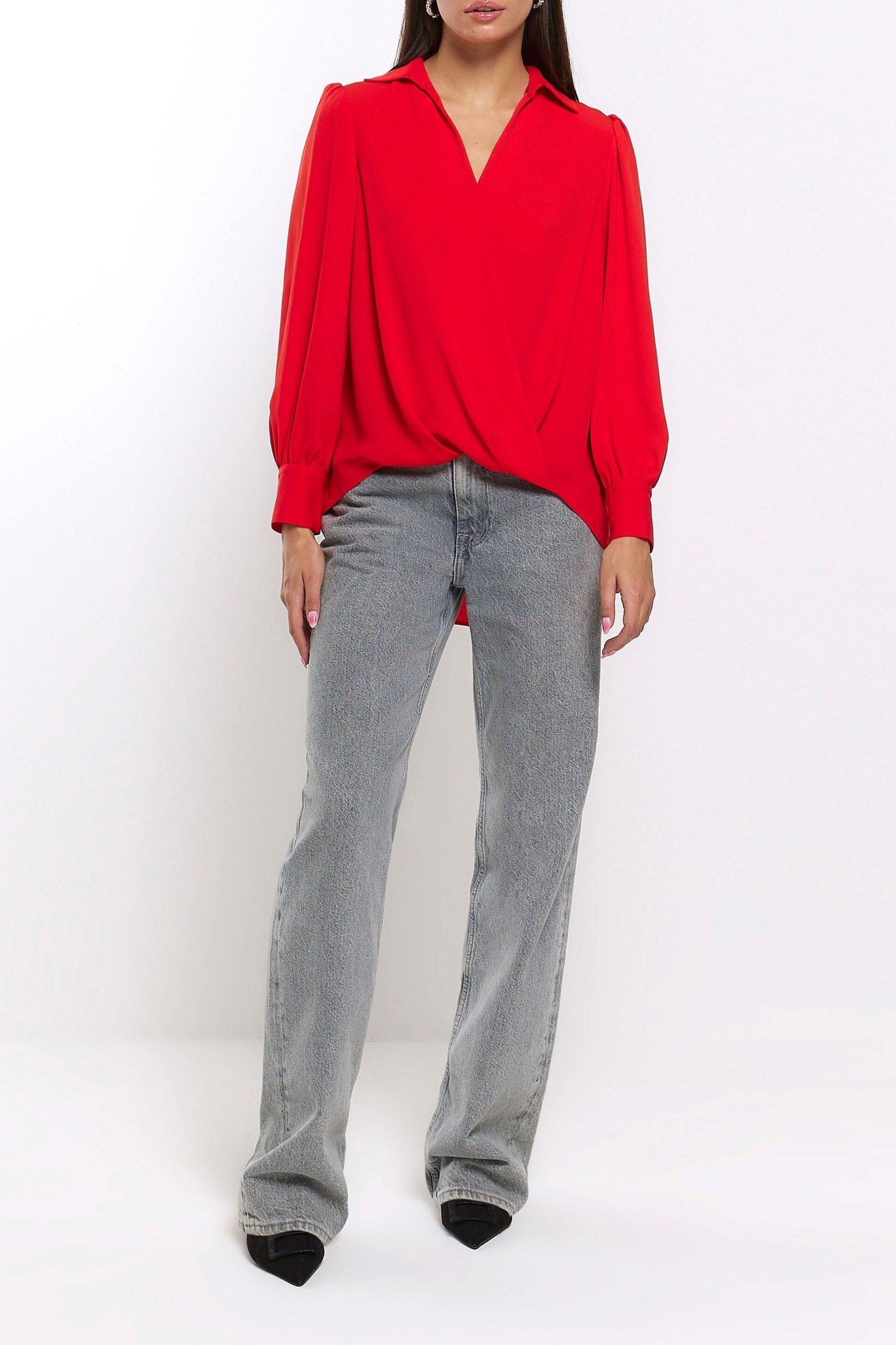 River Island Red V-Neck Wrap Blouse - Image 3 of 6