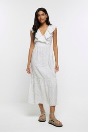 River Island Grey Printed V-Neck Frill Tea Dress - Image 1 of 4