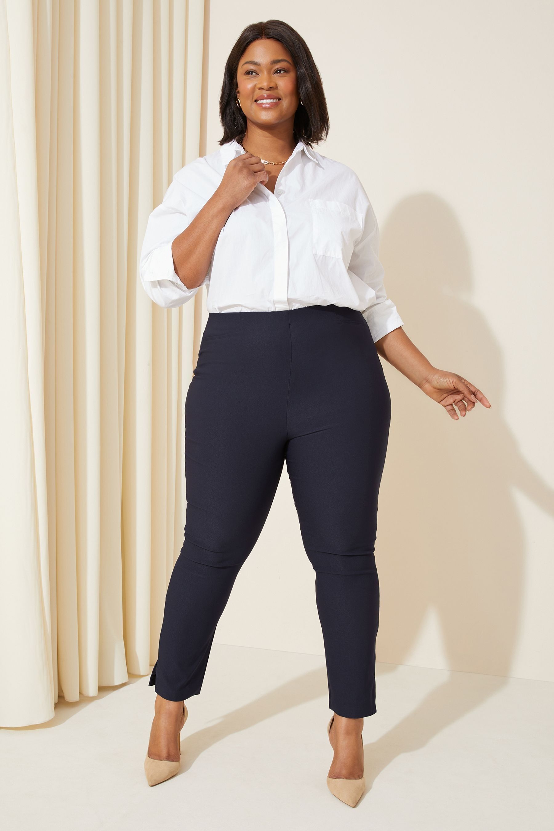 Womens navy blue stretch trousers discount
