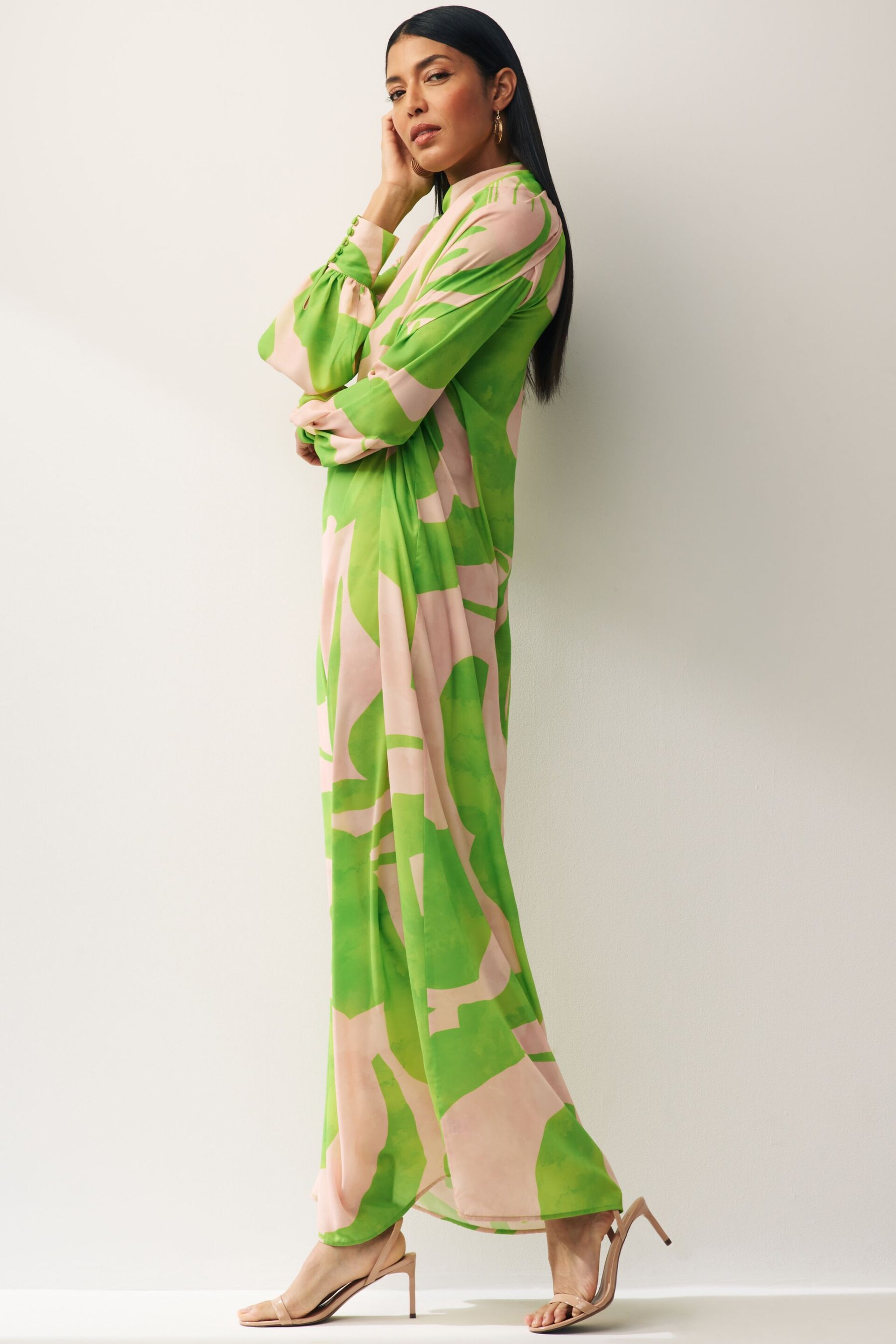 Green/Pink Swirl Print Long Sleeve Scarf Neck Midi Dress - Image 2 of 8