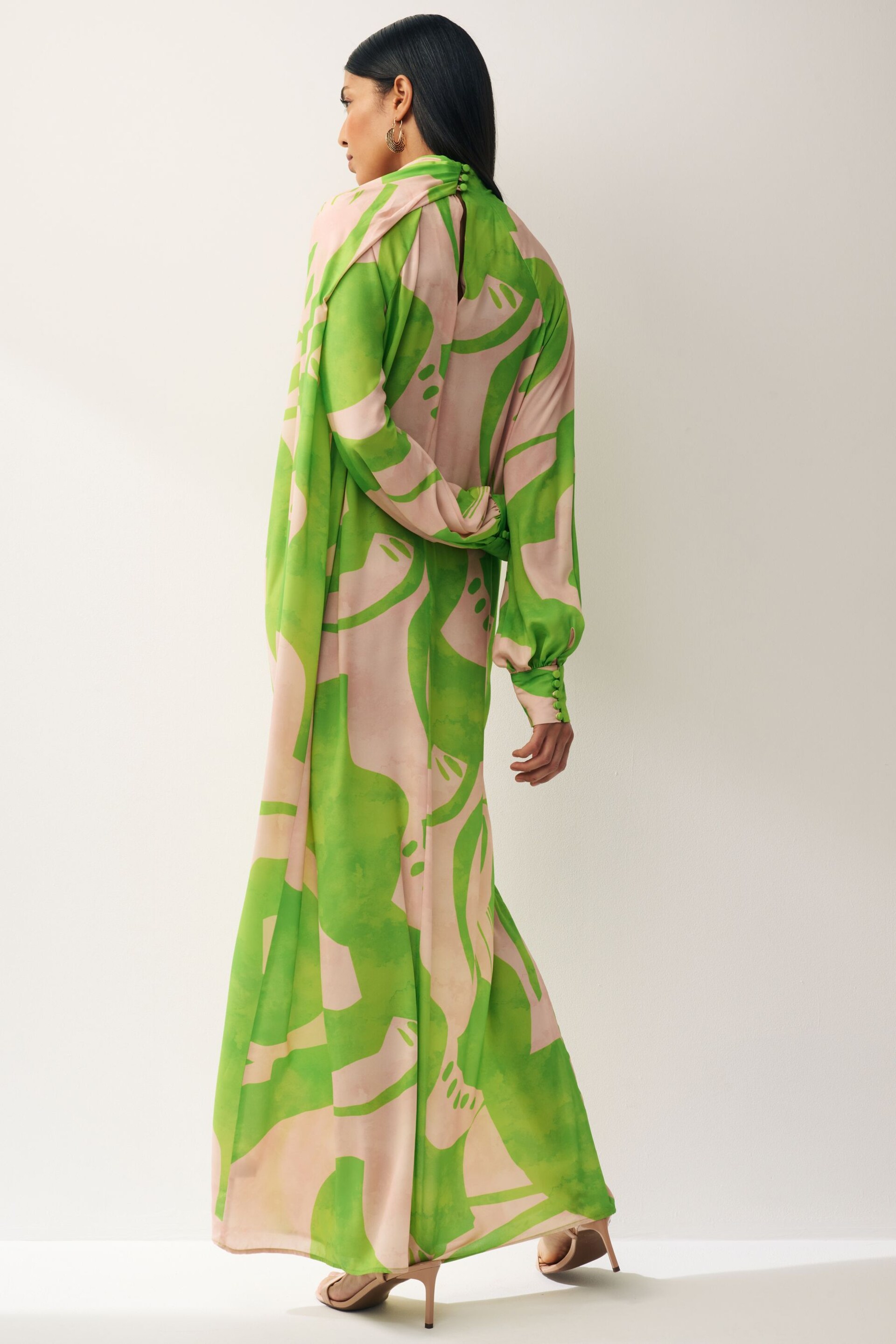 Green/Pink Swirl Print Long Sleeve Scarf Neck Midi Dress - Image 4 of 8