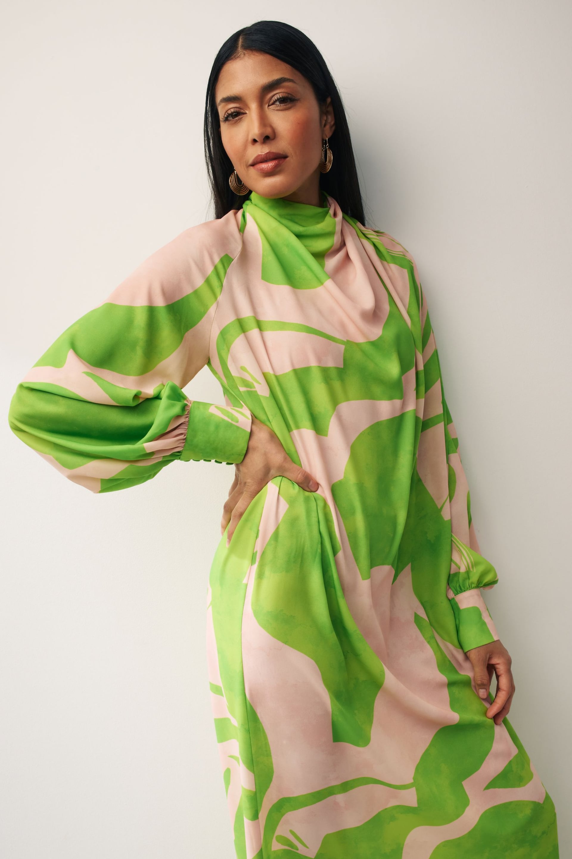 Green/Pink Swirl Print Long Sleeve Scarf Neck Midi Dress - Image 5 of 8