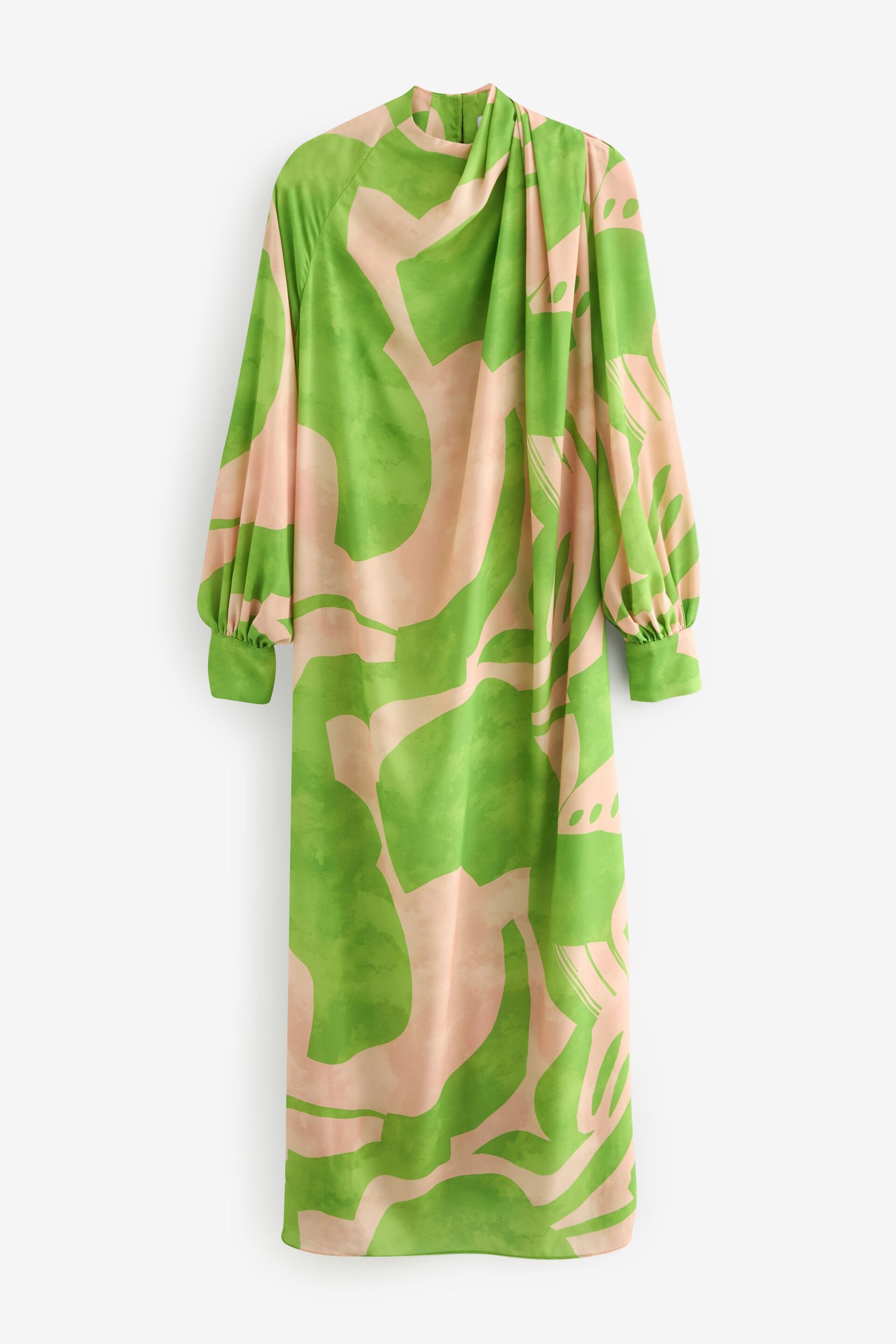 Green/Pink Swirl Print Long Sleeve Scarf Neck Midi Dress - Image 7 of 8