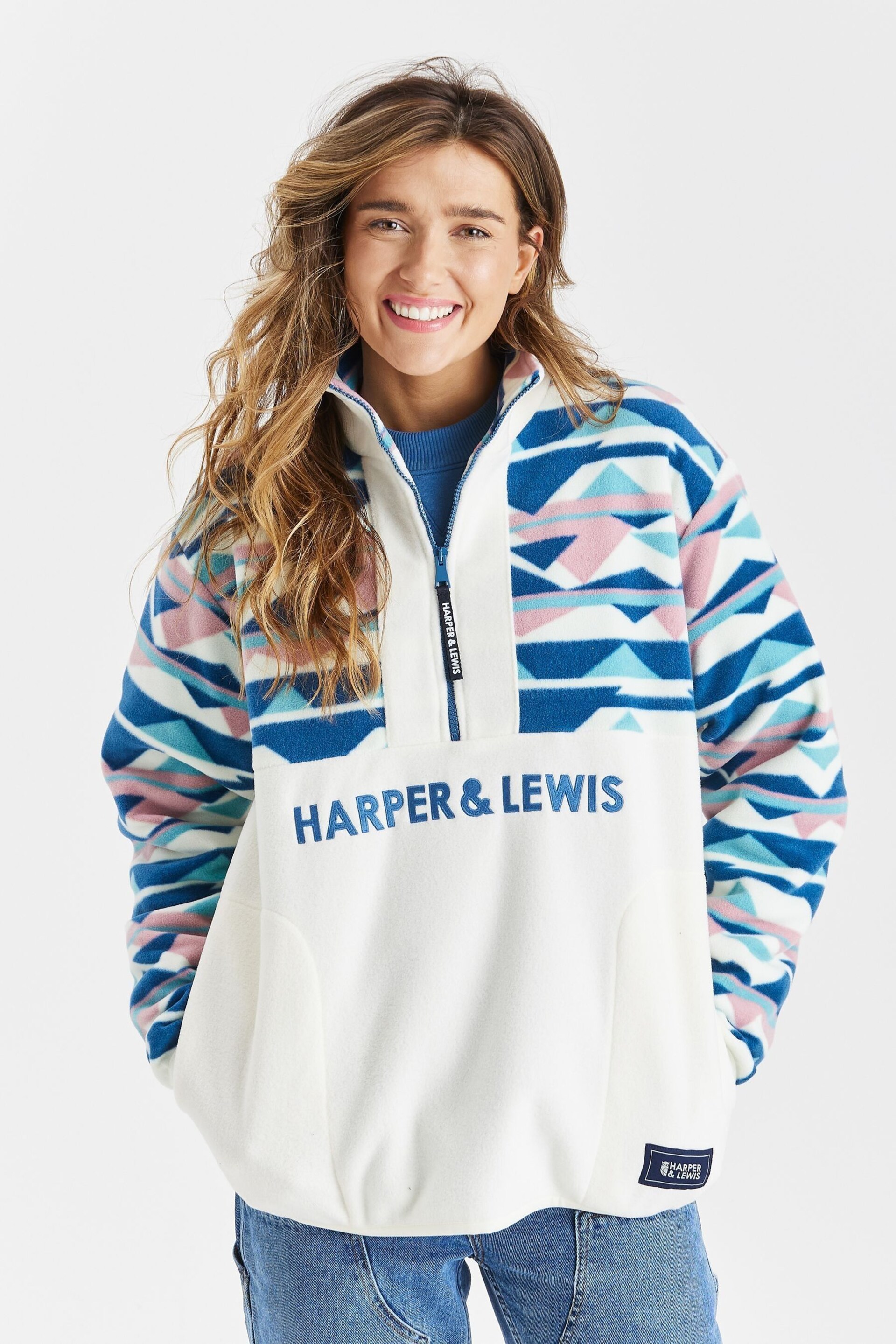 Harper & Lewis Cream Veronica Retro Pattern 1/4 Zip Polar Fleece - Image 1 of 5