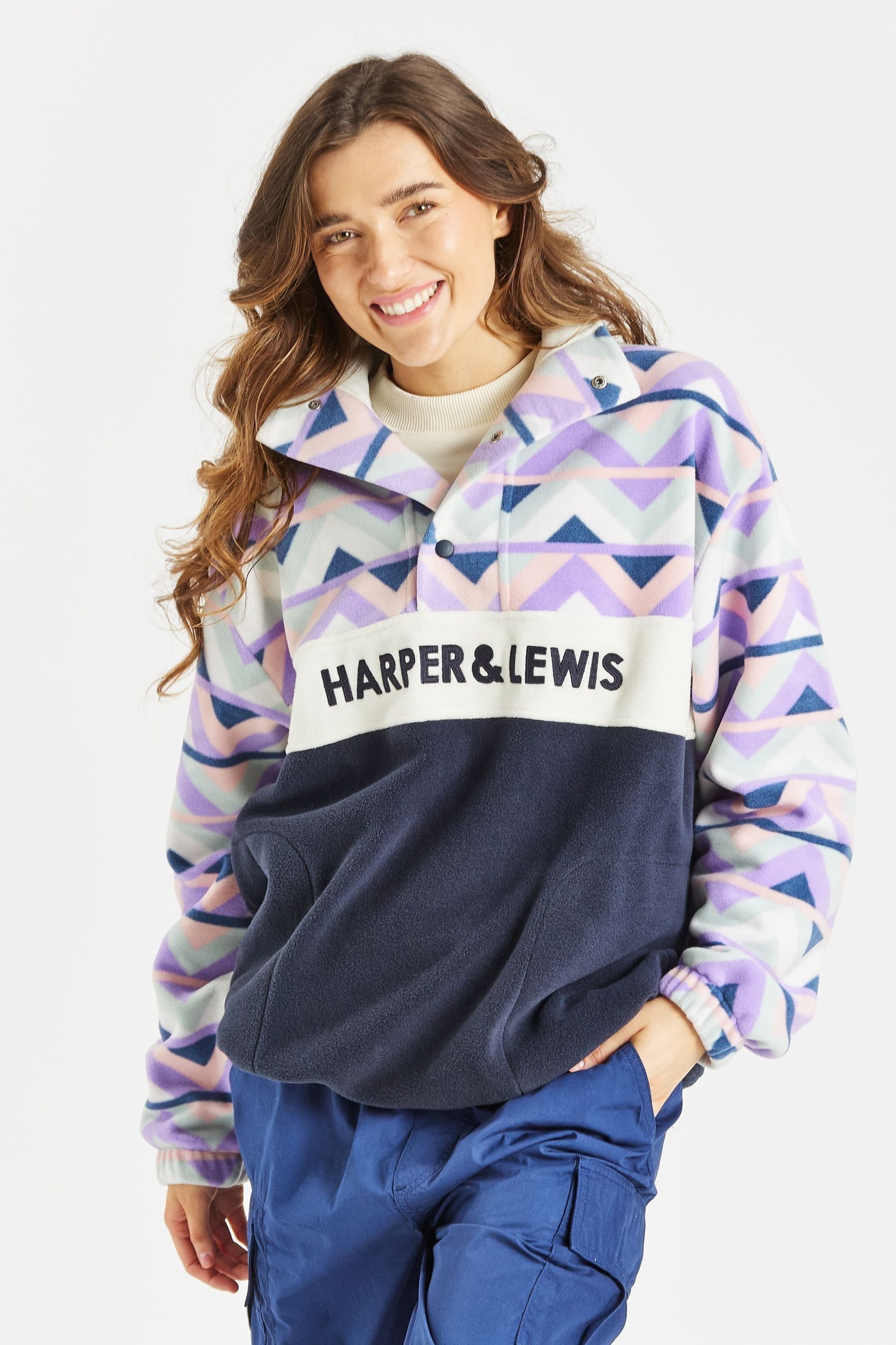 Harper & Lewis Blue Polar Retro Pattern Popper Neck Fleece - Image 1 of 2