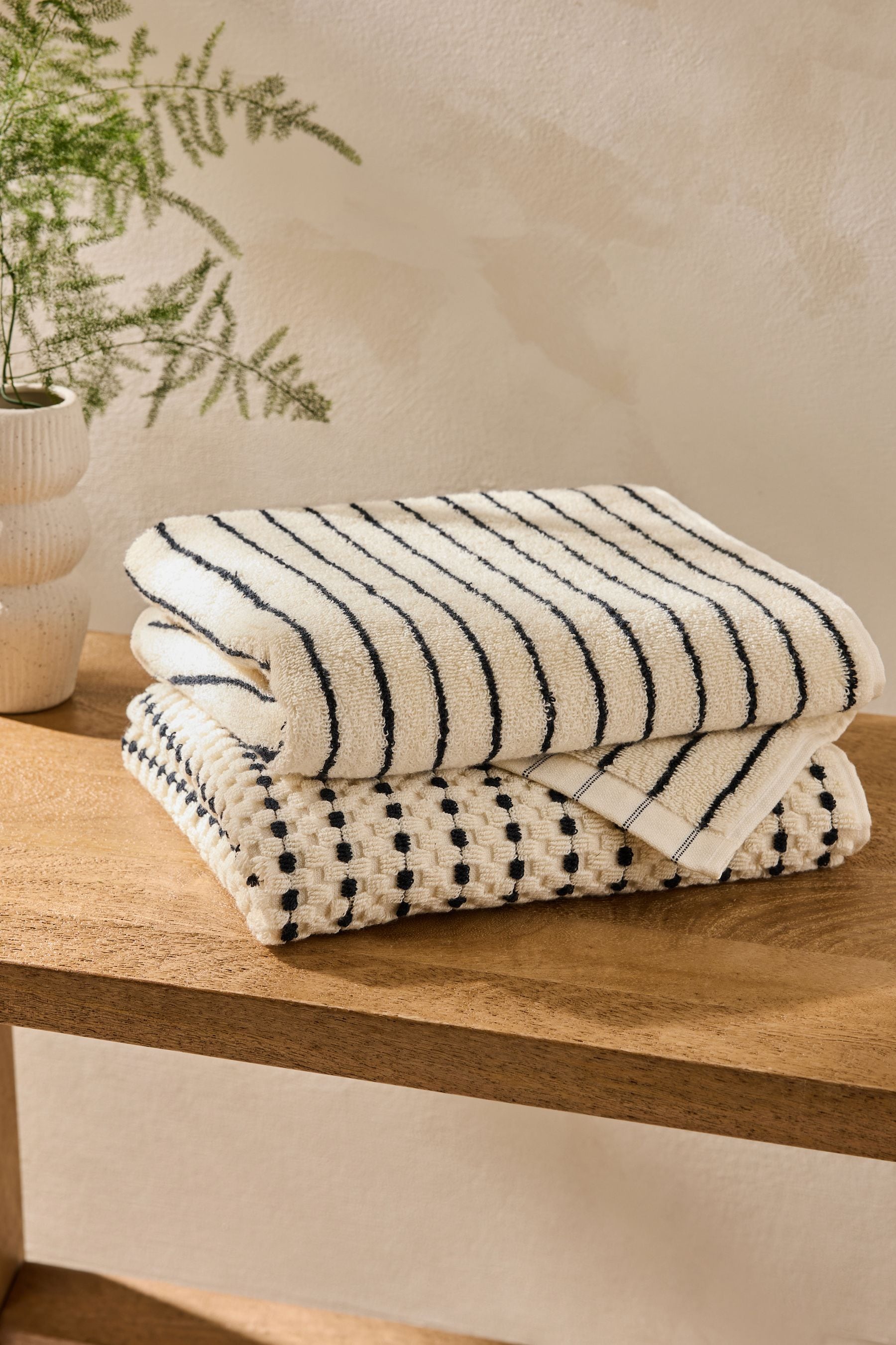 Black White Natural Mono Stripe and Pattern 100 Cotton Towel Bales Set of 2